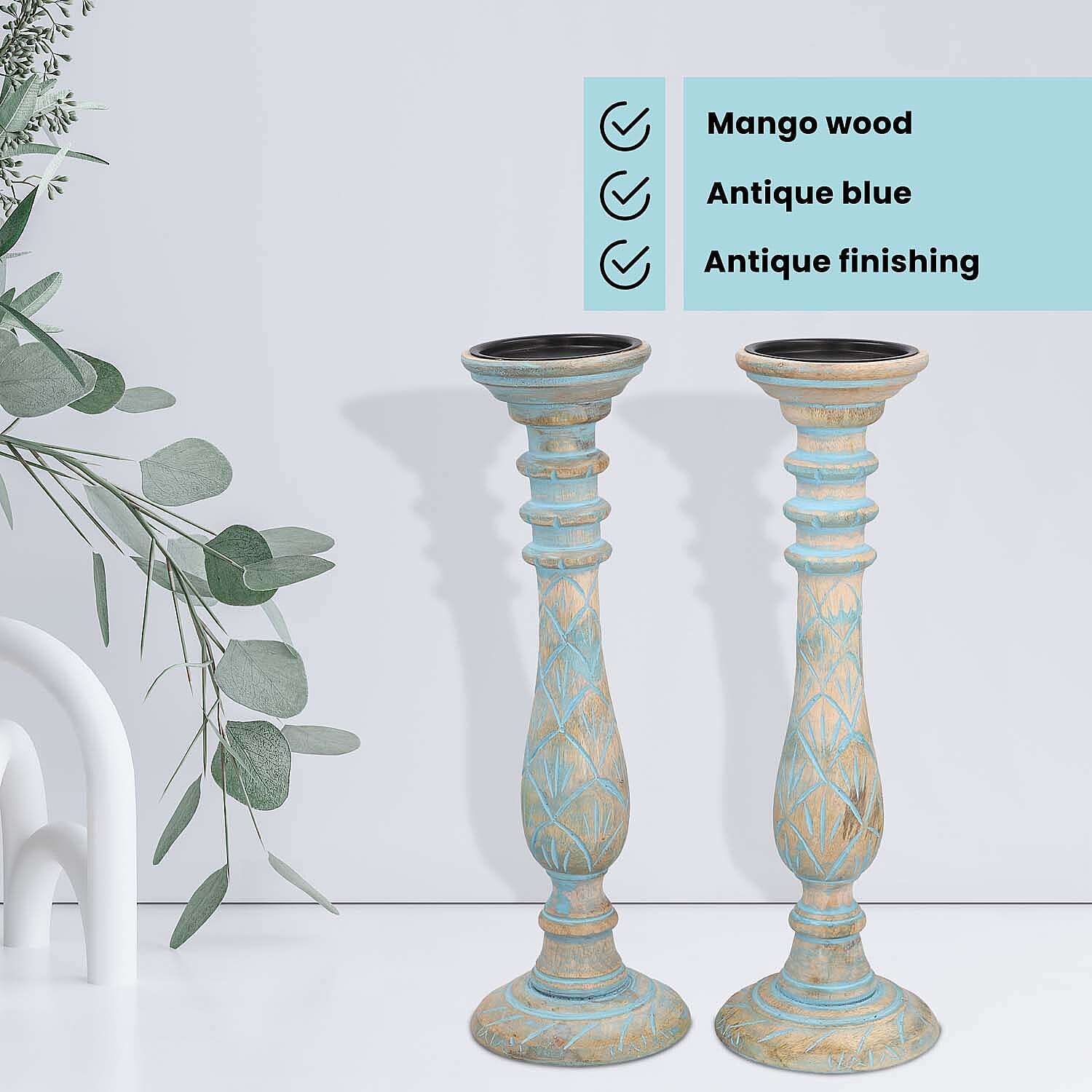 Set of 2 - Antique Carved Wooden Candle Holders - Blue & Brown