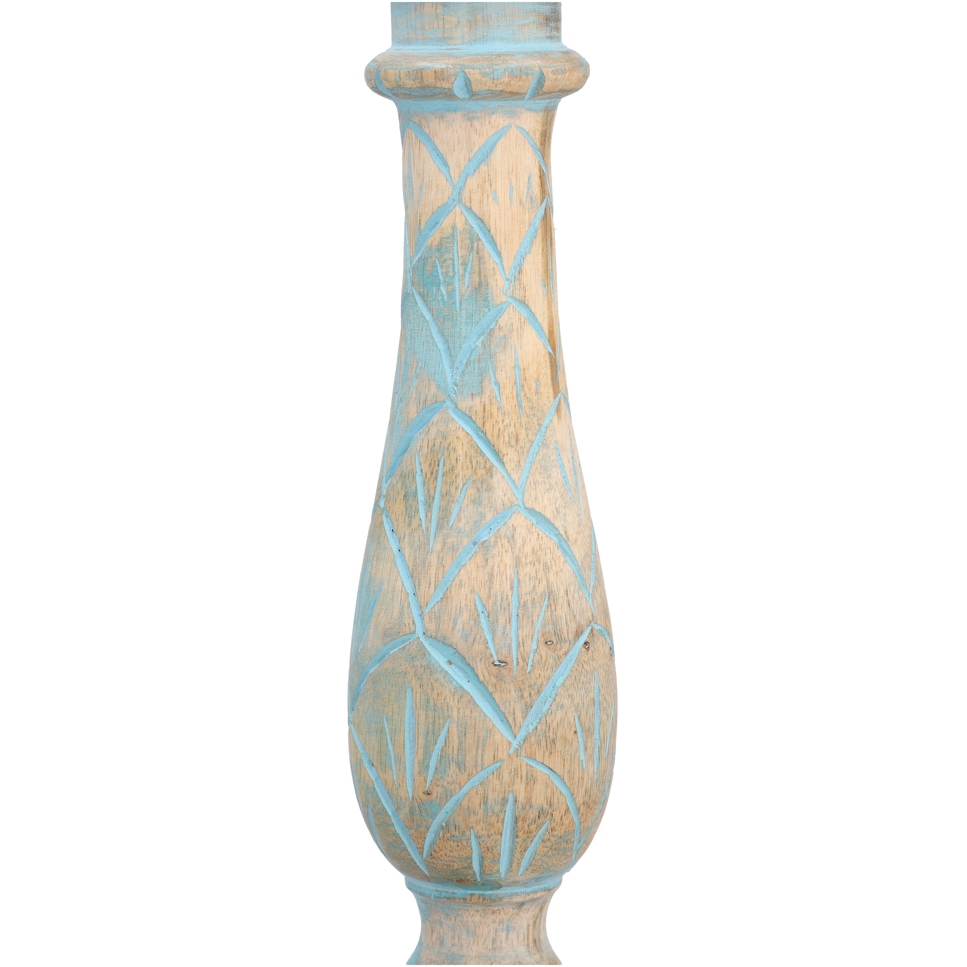 Set of 2 - Antique Carved Wooden Candle Holders - Blue & Brown