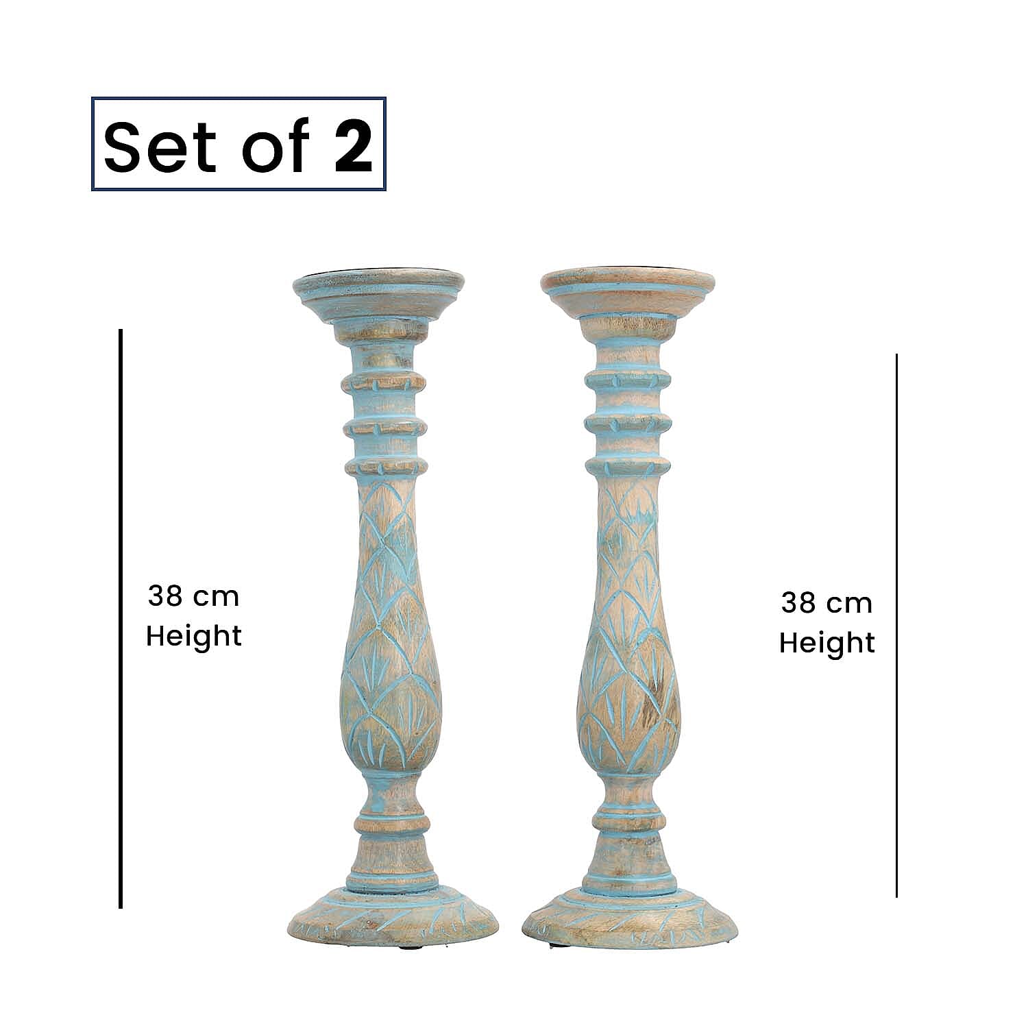 Set of 2 - Antique Carved Wooden Candle Holders - Blue & Brown