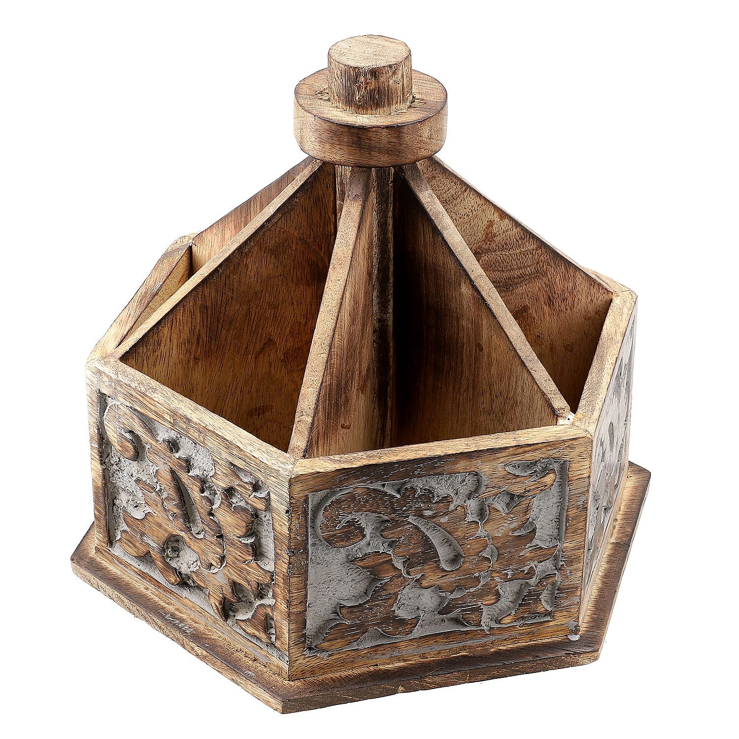 Handcarved Mango Wood Multipurpose Spinner Organizer (Size 24x22x21 cm)
