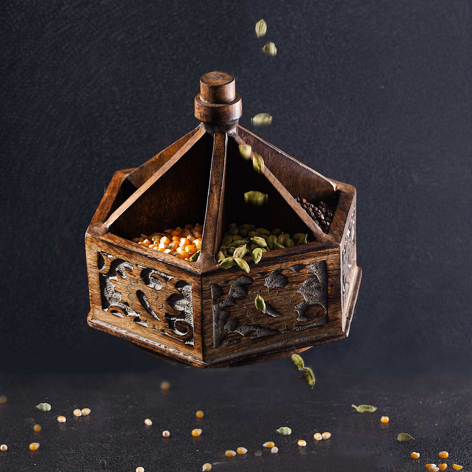 Handcarved Mango Wood Multipurpose Spinner Organizer (Size 24x22x21 cm)