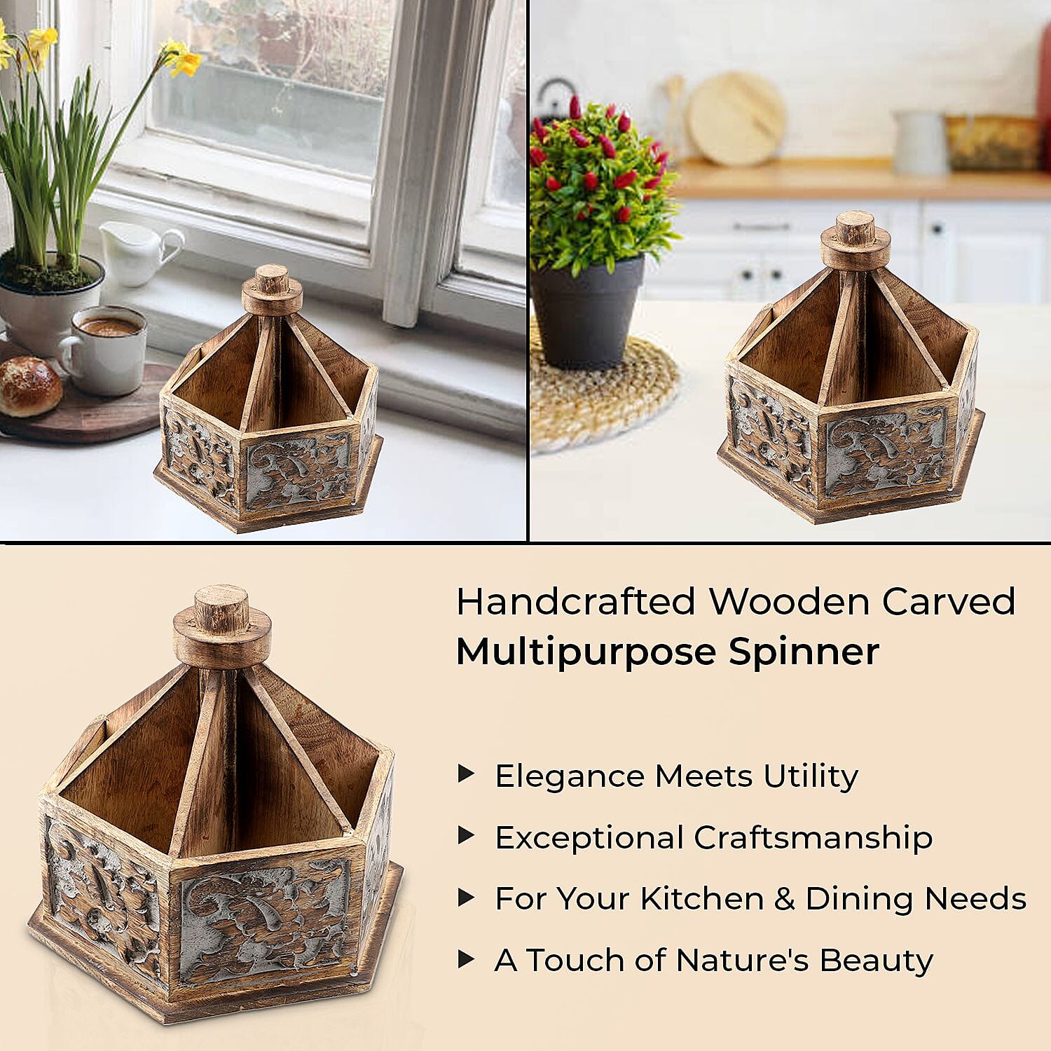 Handcarved Mango Wood Multipurpose Spinner Organizer (Size 24x22x21 cm)