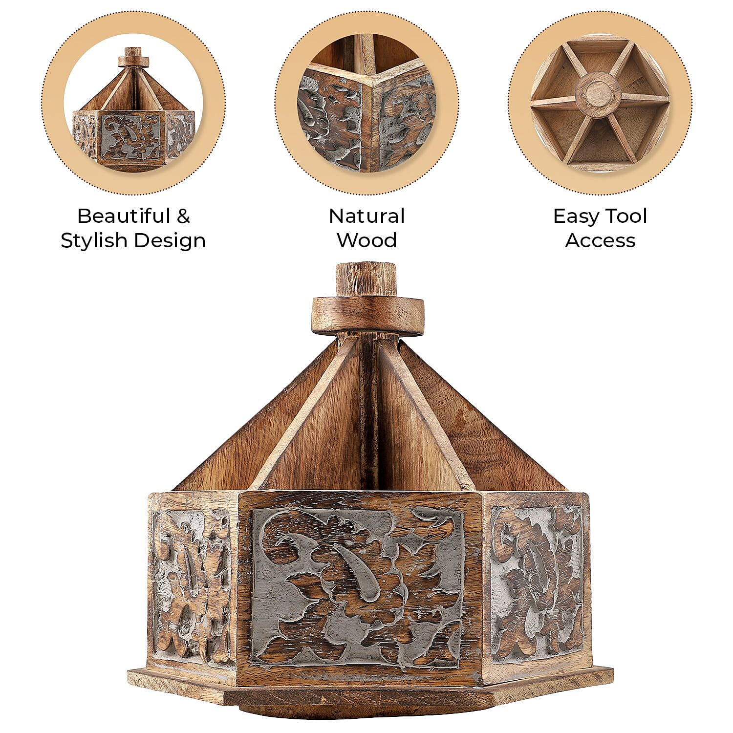 Handcarved Mango Wood Multipurpose Spinner Organizer (Size 24x22x21 cm)