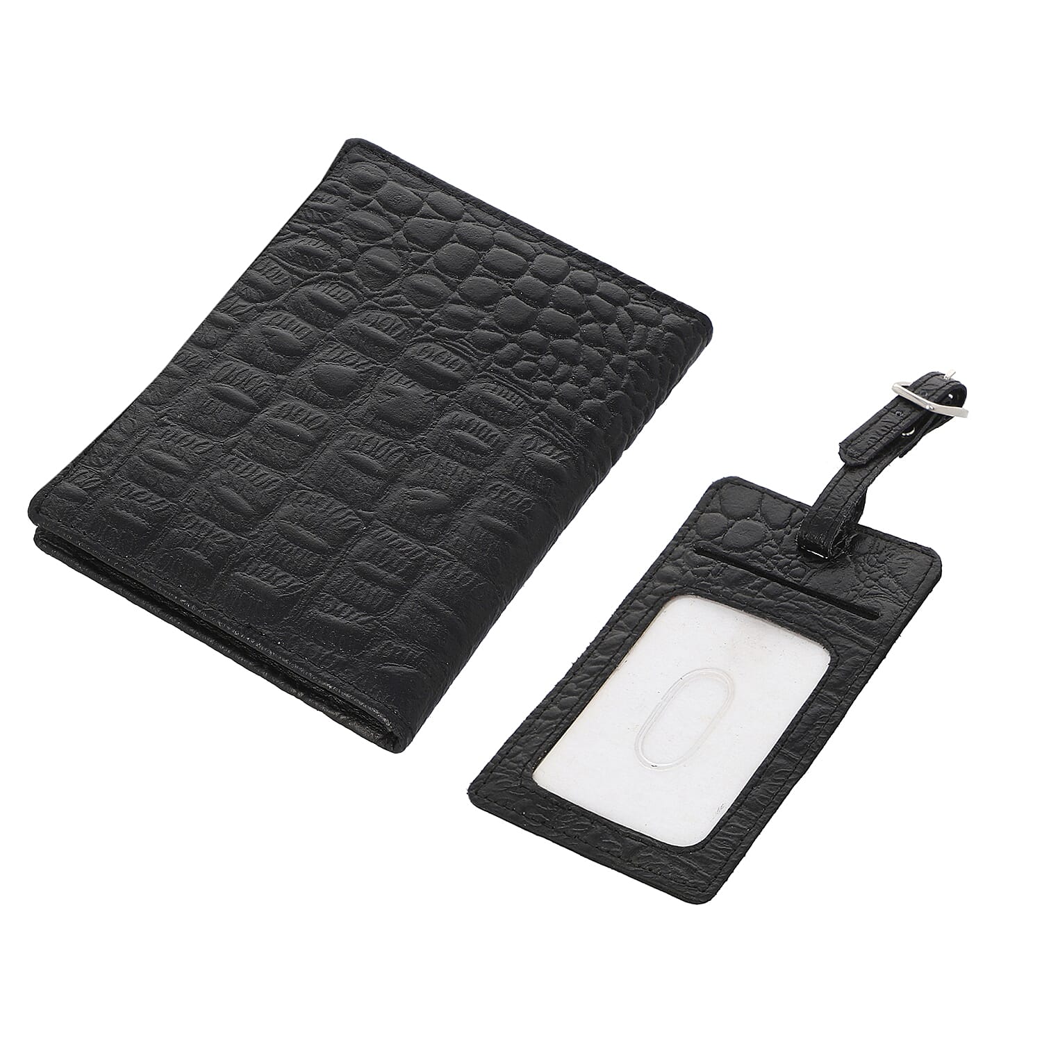 100% Genuine Leather Croc Embossed Pattern RFID Protected BI Fold Wallet with Luggage Tag - Black