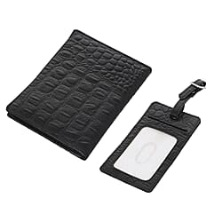 100% Genuine Leather Croc Embossed Pattern RFID Protected BI Fold Wallet with Luggage Tag - Black