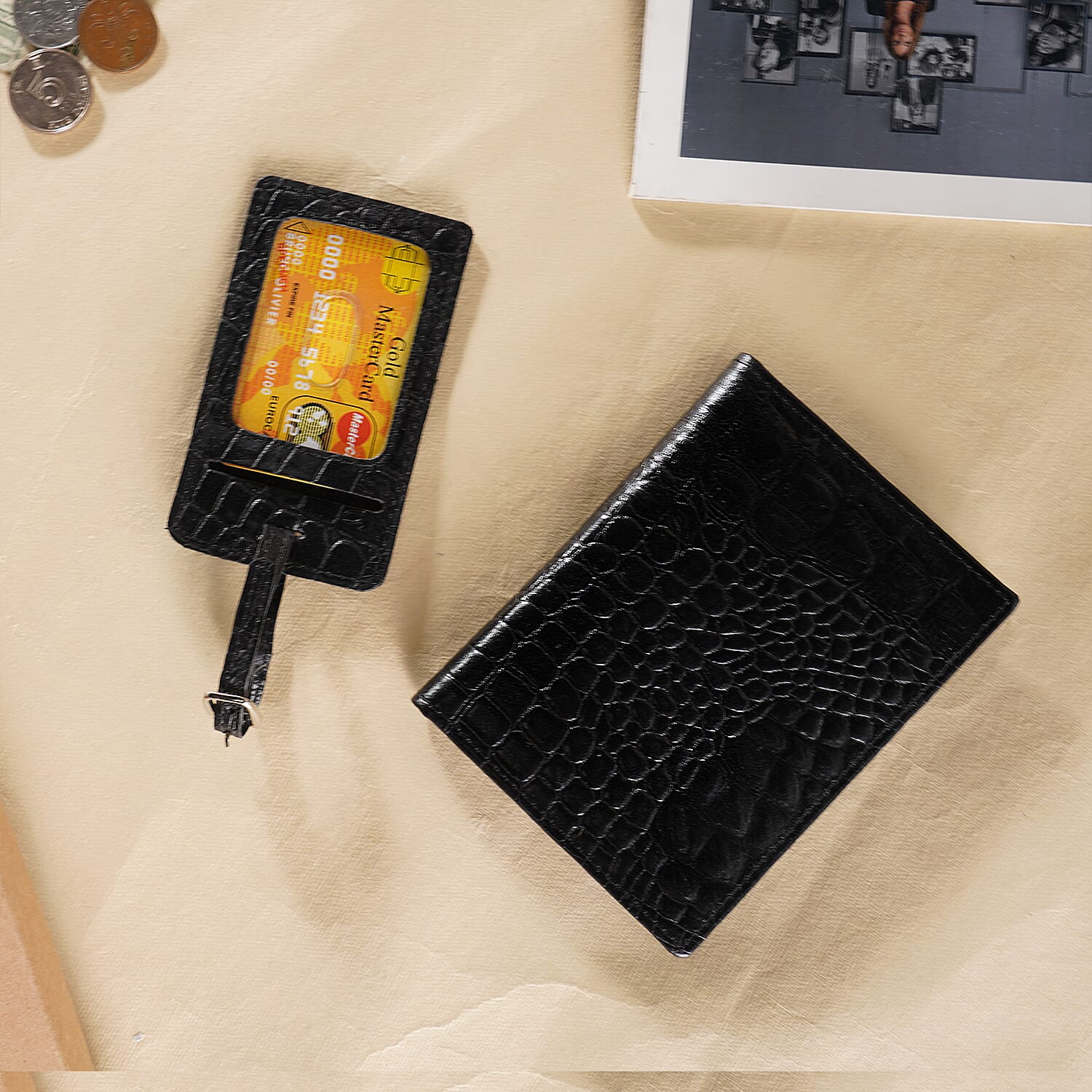 100% Genuine Leather Croc Embossed Pattern RFID Protected BI Fold Wallet with Luggage Tag - Black