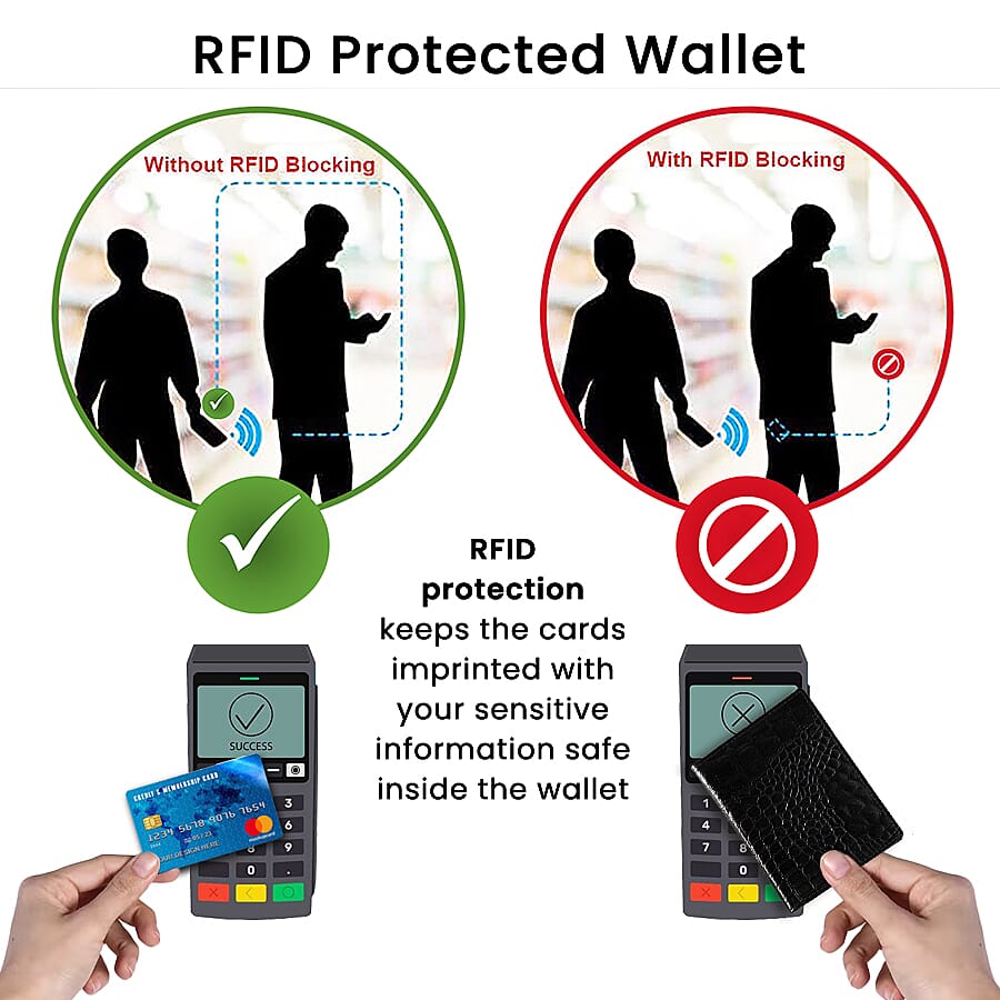 100% Genuine Leather Croc Embossed Pattern RFID Protected BI Fold Wallet with Luggage Tag - Black