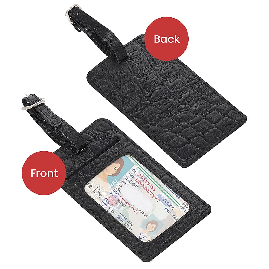 100% Genuine Leather Croc Embossed Pattern RFID Protected BI Fold Wallet with Luggage Tag - Black