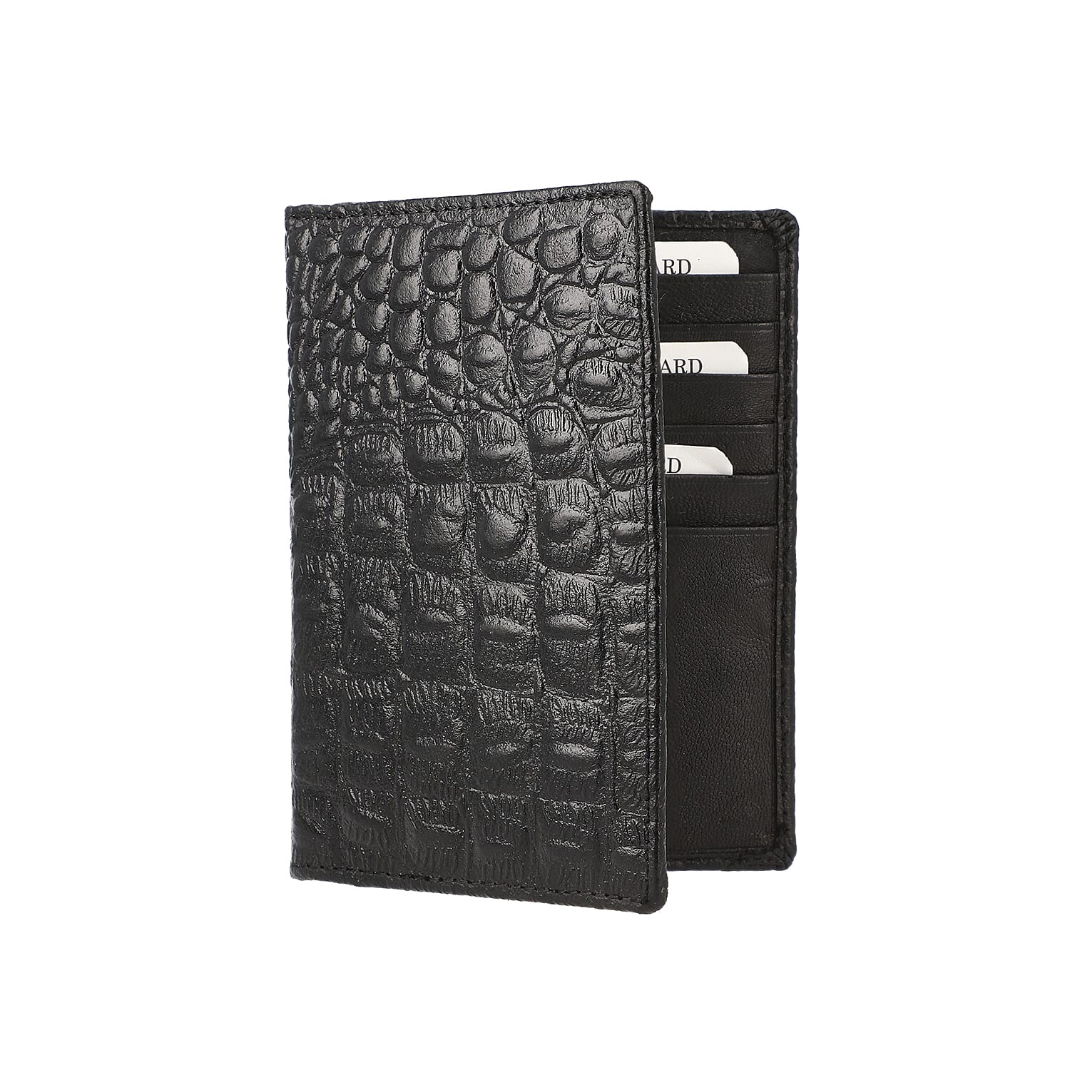 100% Genuine Leather Croc Embossed Pattern RFID Protected BI Fold Wallet with Luggage Tag - Black