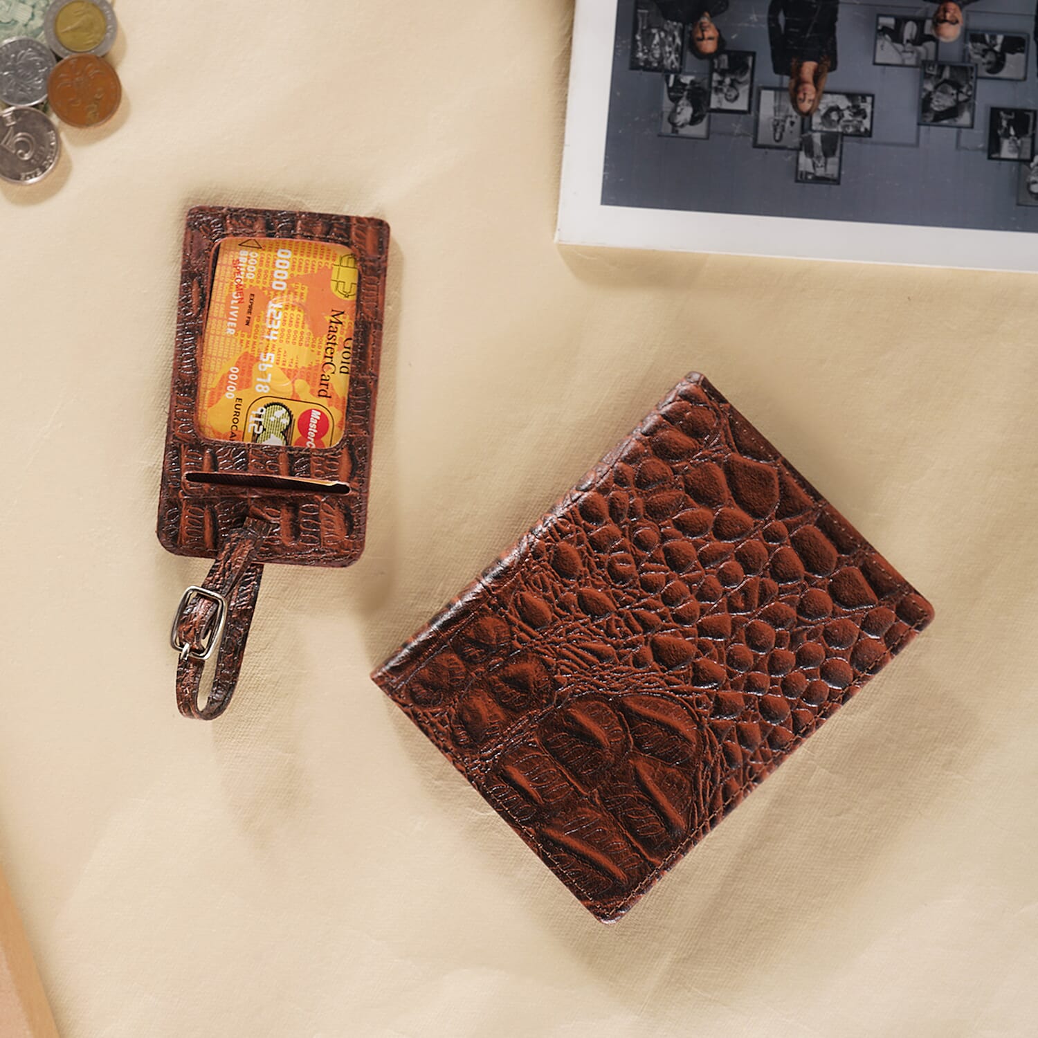 100% Genuine Leather RFID Protected Wallet with 2 Passport Case, Luggage Tag and 9 Card Slot- Brown