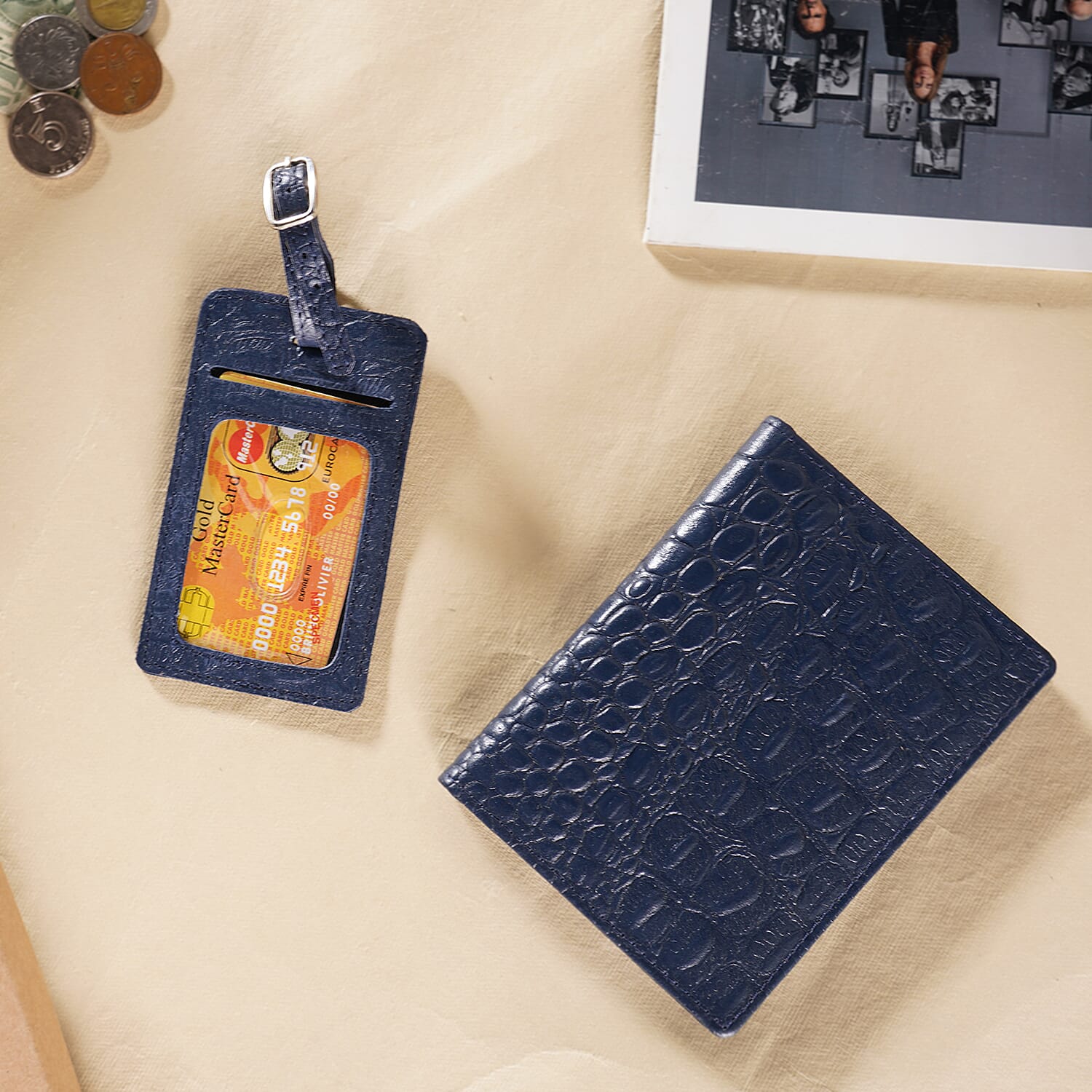 100% Genuine Leather RFID Protected Wallet with 2 Passport Case, Luggage Tag and 9 Card Slot- Navy