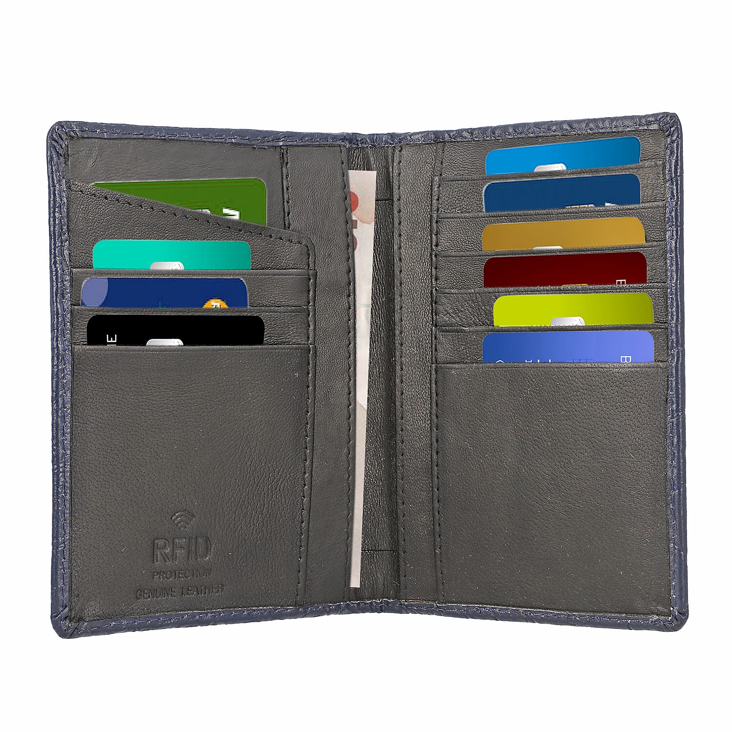 100% Genuine Leather RFID Protected Wallet with 2 Passport Case, Luggage Tag and 9 Card Slot- Navy