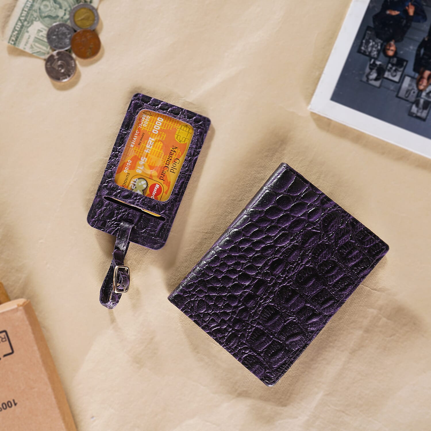 100% Genuine Leather RFID Protected Wallet with 2 Passport Case, Luggage Tag and 9 Card Slot- Purple