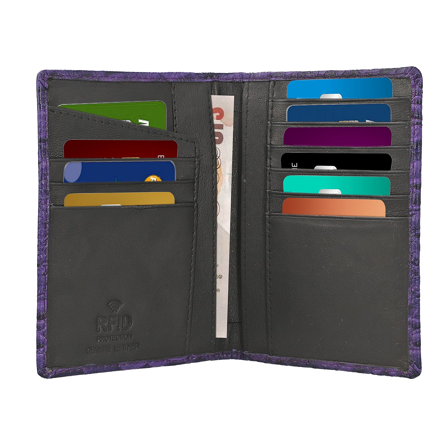 100% Genuine Leather RFID Protected Wallet with 2 Passport Case, Luggage Tag and 9 Card Slot- Purple