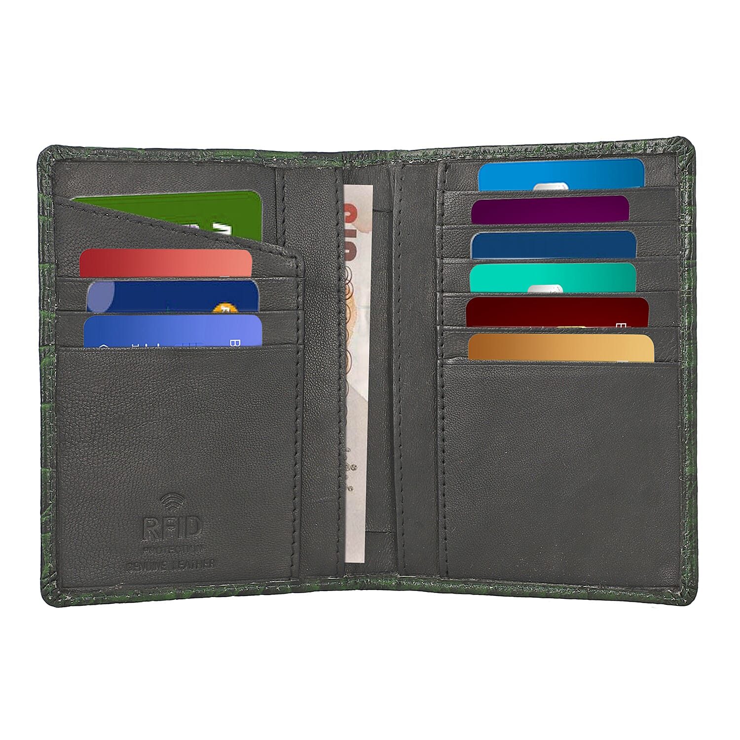 100% Genuine Leather RFID Protected Wallet with 2 Passport Case, Luggage Tag and 9 Card Slot- Dark Green