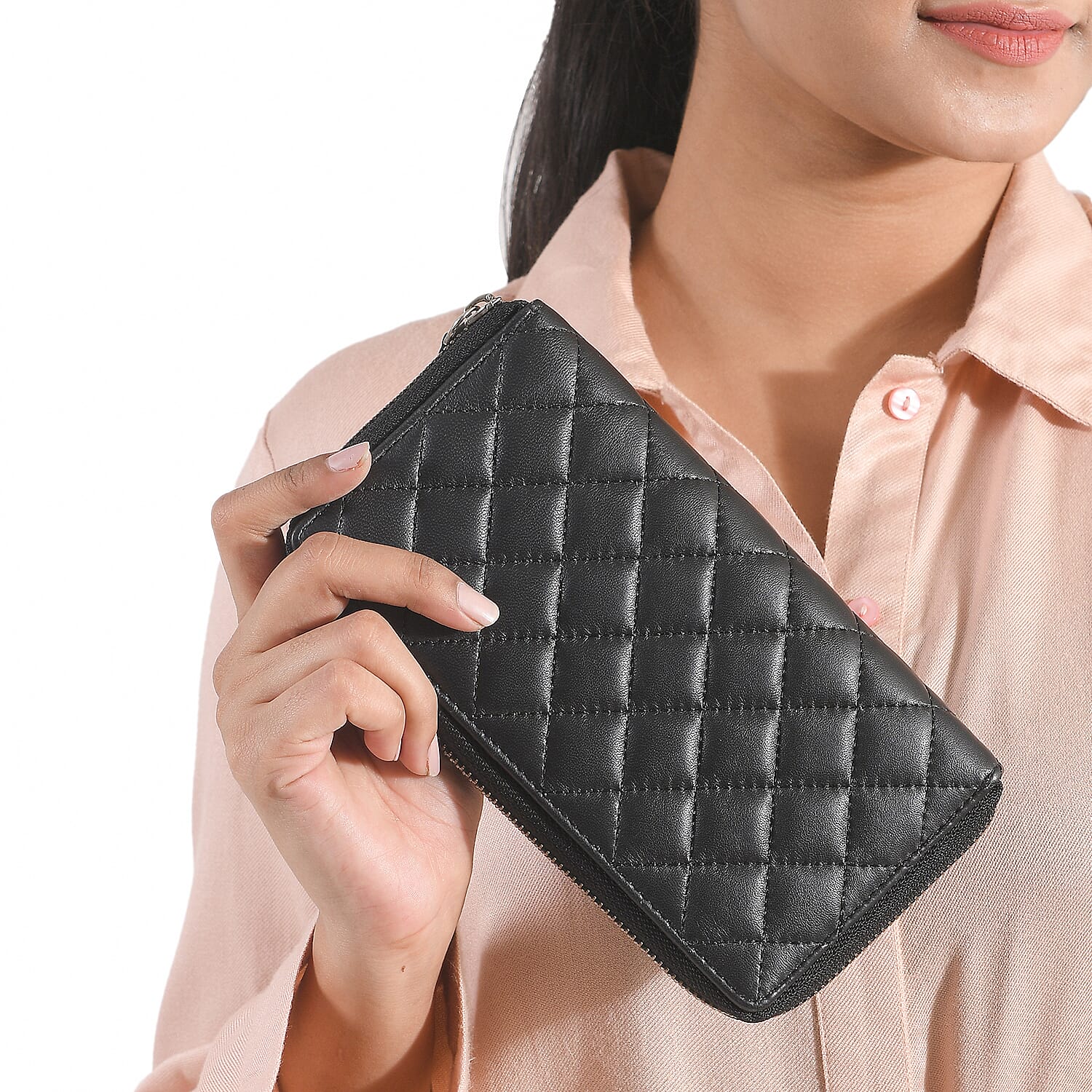 Genuine Leather Quilted Pattern Wallet - Black