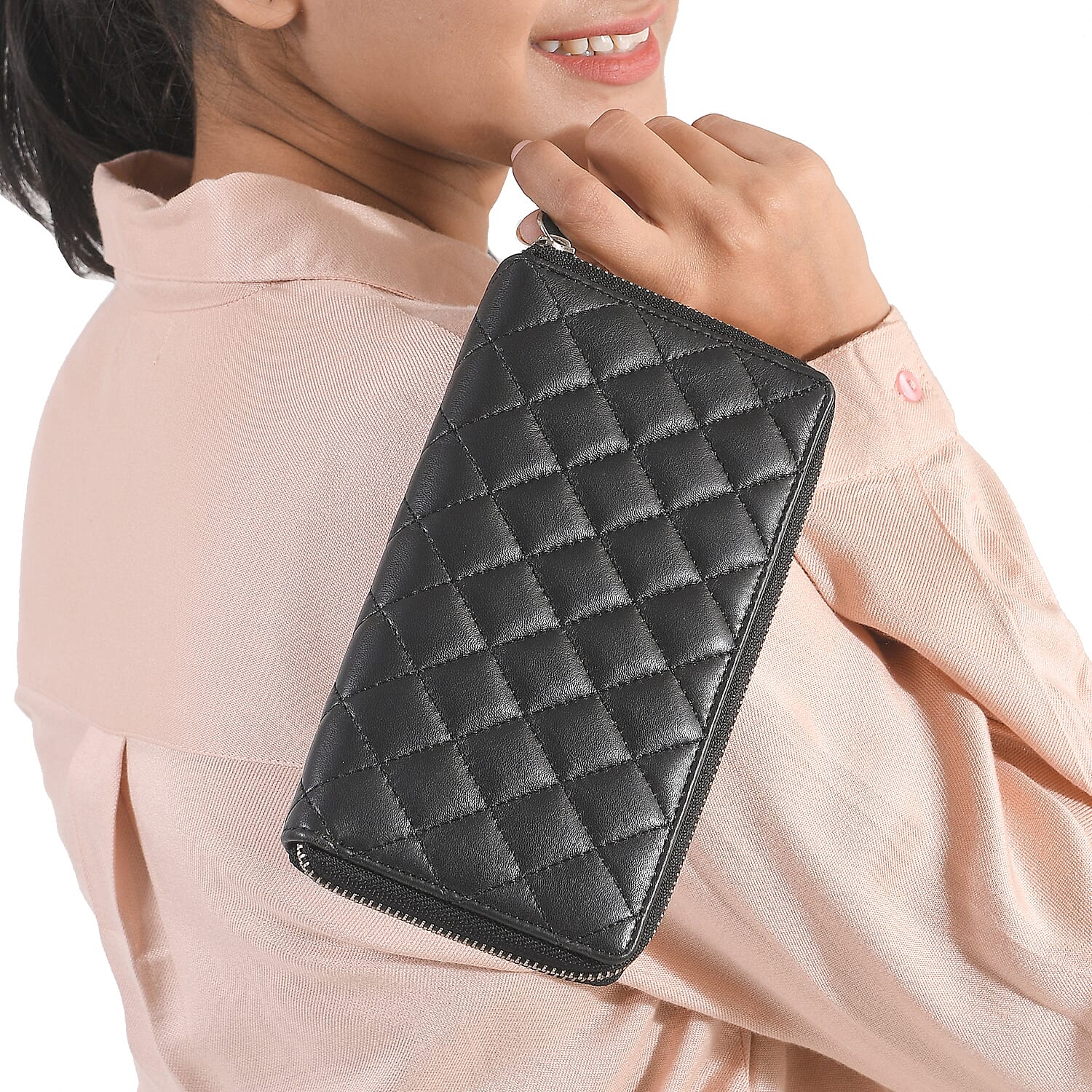 Genuine Leather Quilted Pattern Wallet - Black