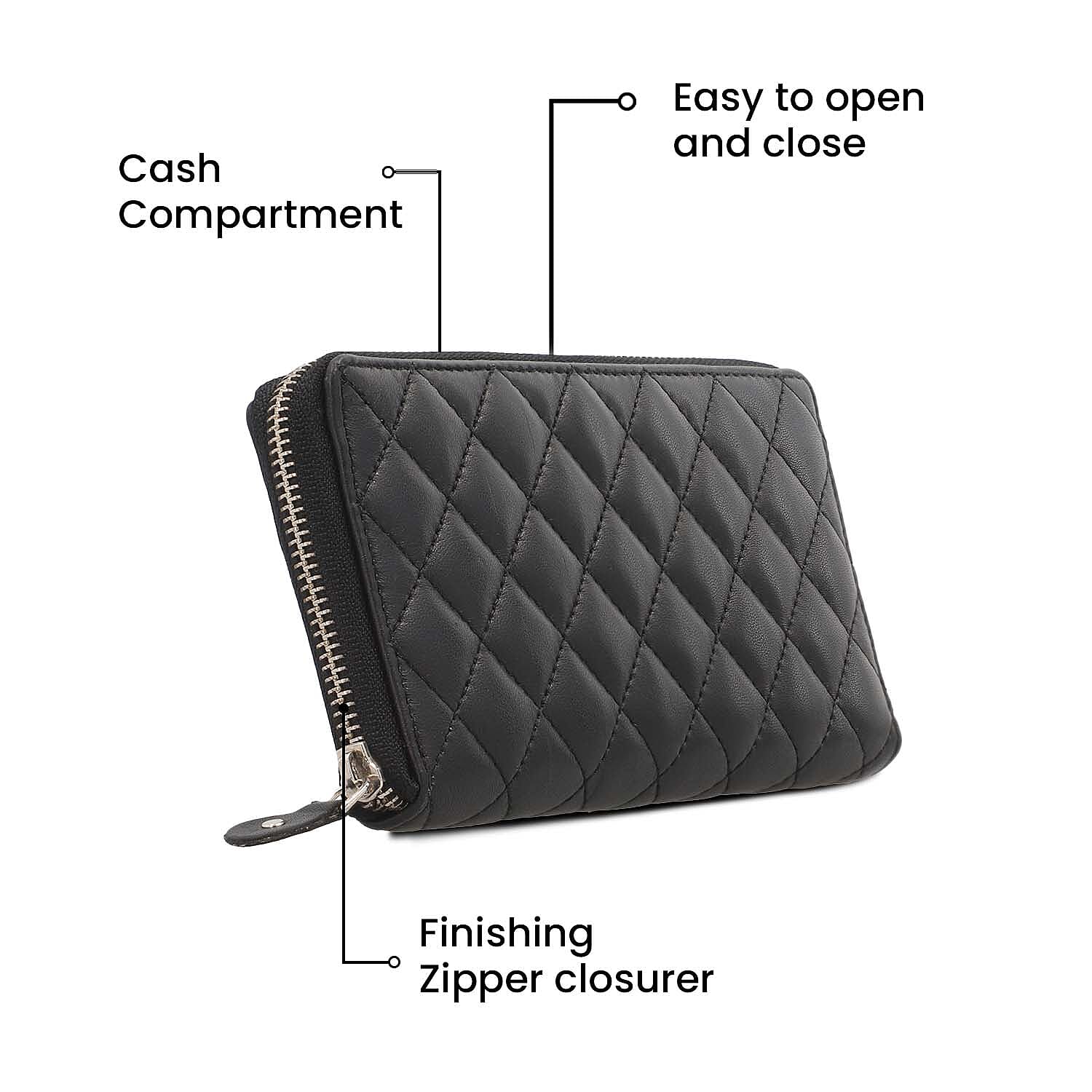 Genuine Leather Quilted Pattern Wallet - Black