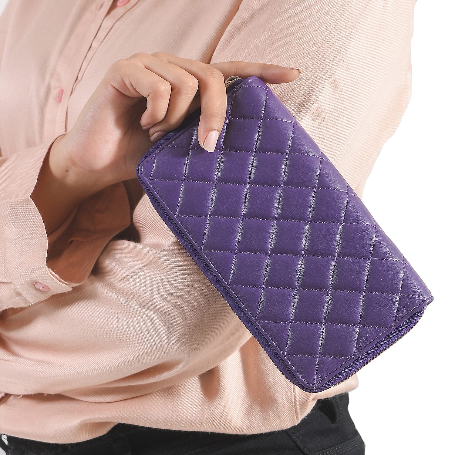 100% Genuine Leather Quilted Pattern RFID Wallet (Size 19x10 Cm) - Purple