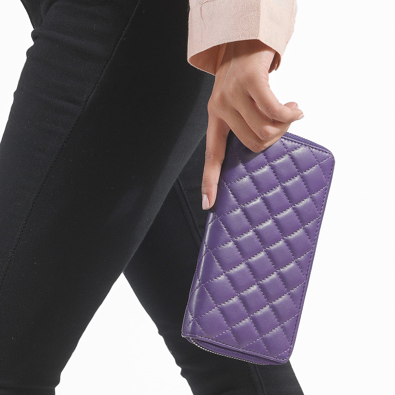 100% Genuine Leather Quilted Pattern RFID Wallet (Size 19x10 Cm) - Purple