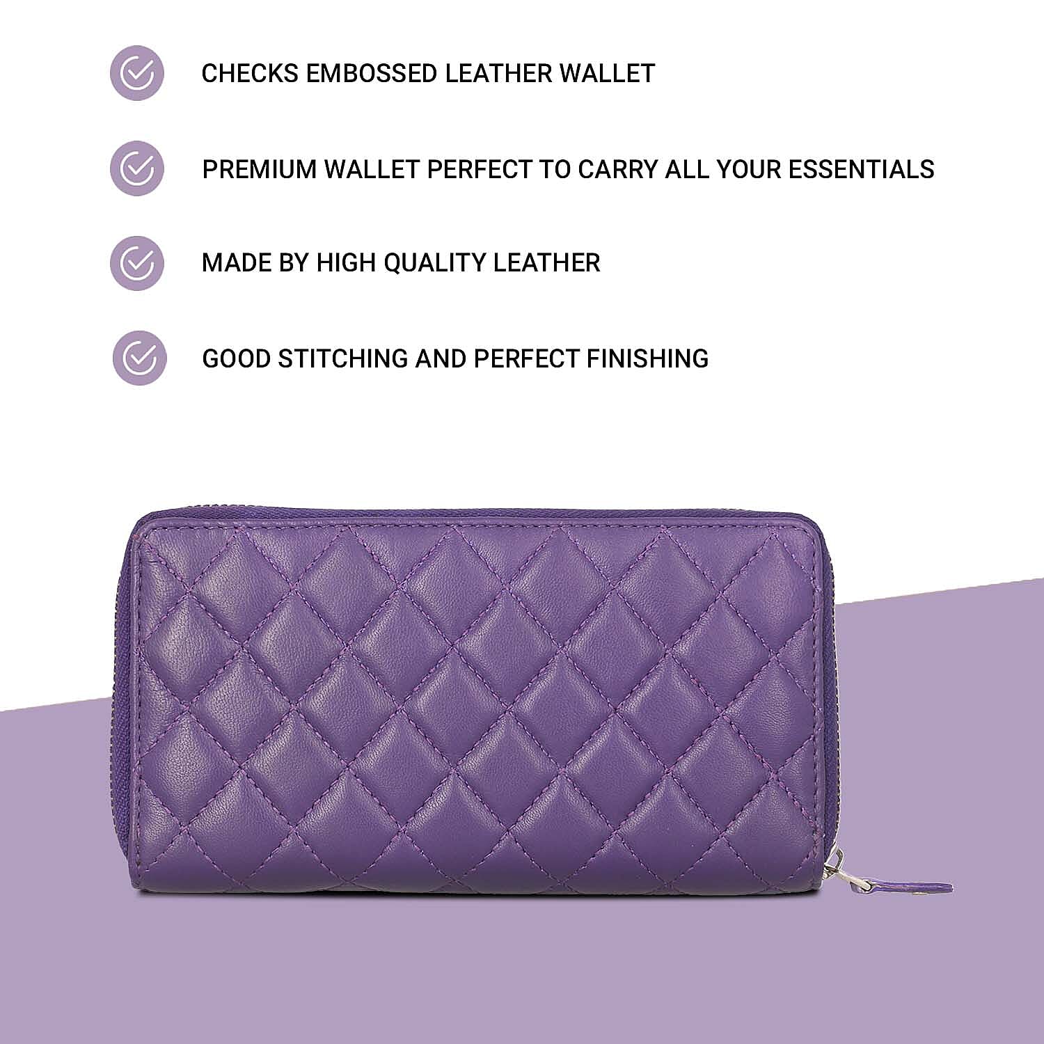 100% Genuine Leather Quilted Pattern RFID Wallet (Size 19x10 Cm) - Purple