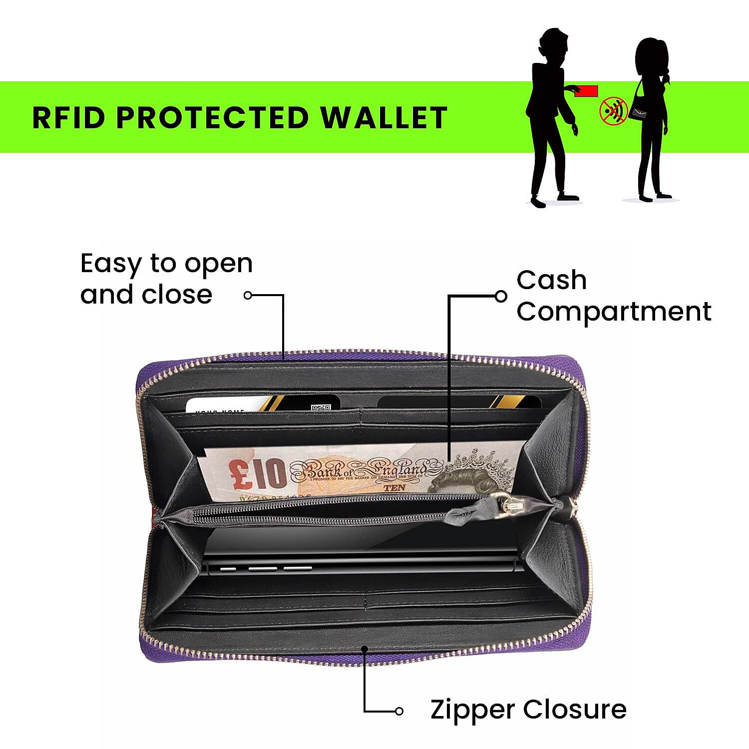 100% Genuine Leather Quilted Pattern RFID Wallet (Size 19x10 Cm) - Purple