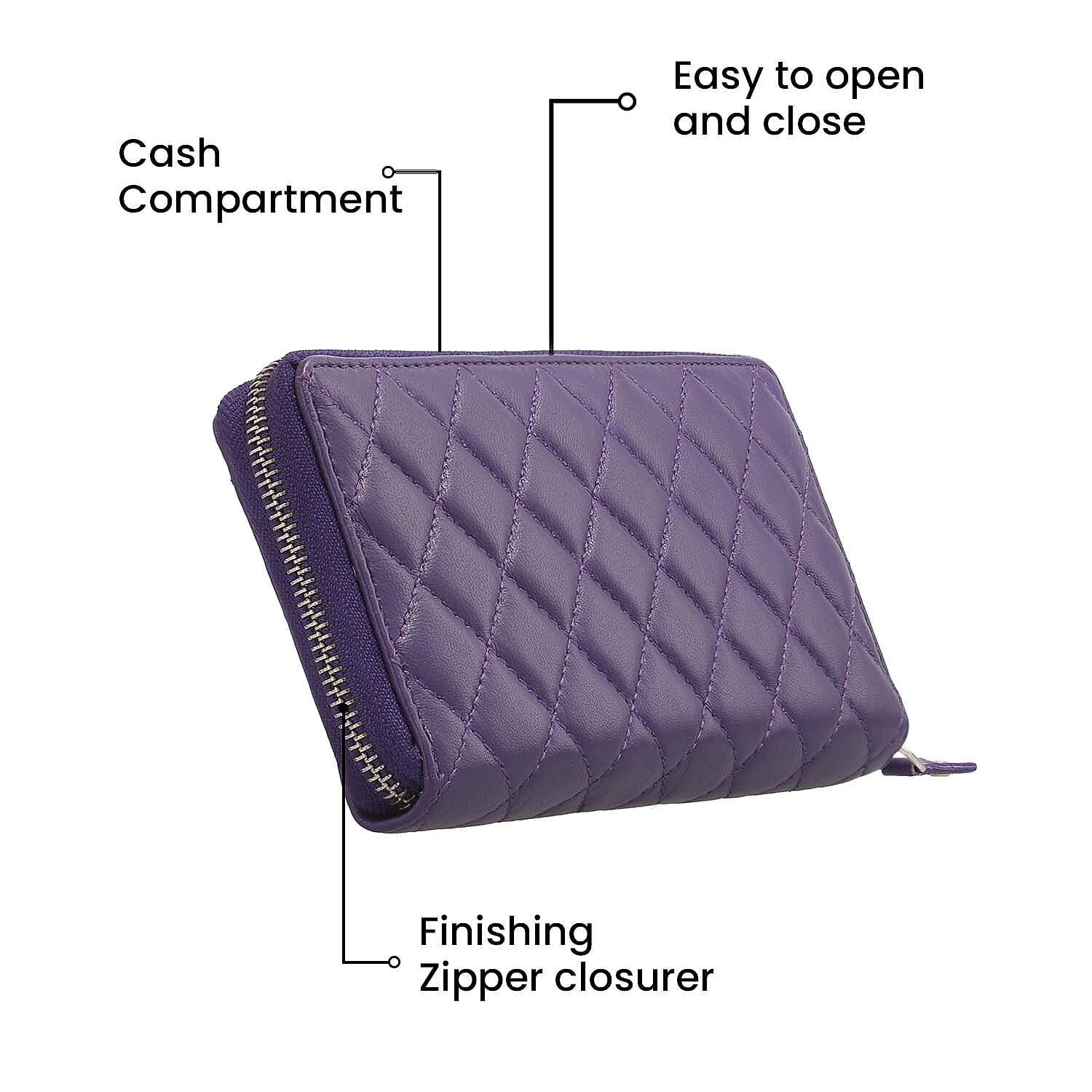 100% Genuine Leather Quilted Pattern RFID Wallet (Size 19x10 Cm) - Purple