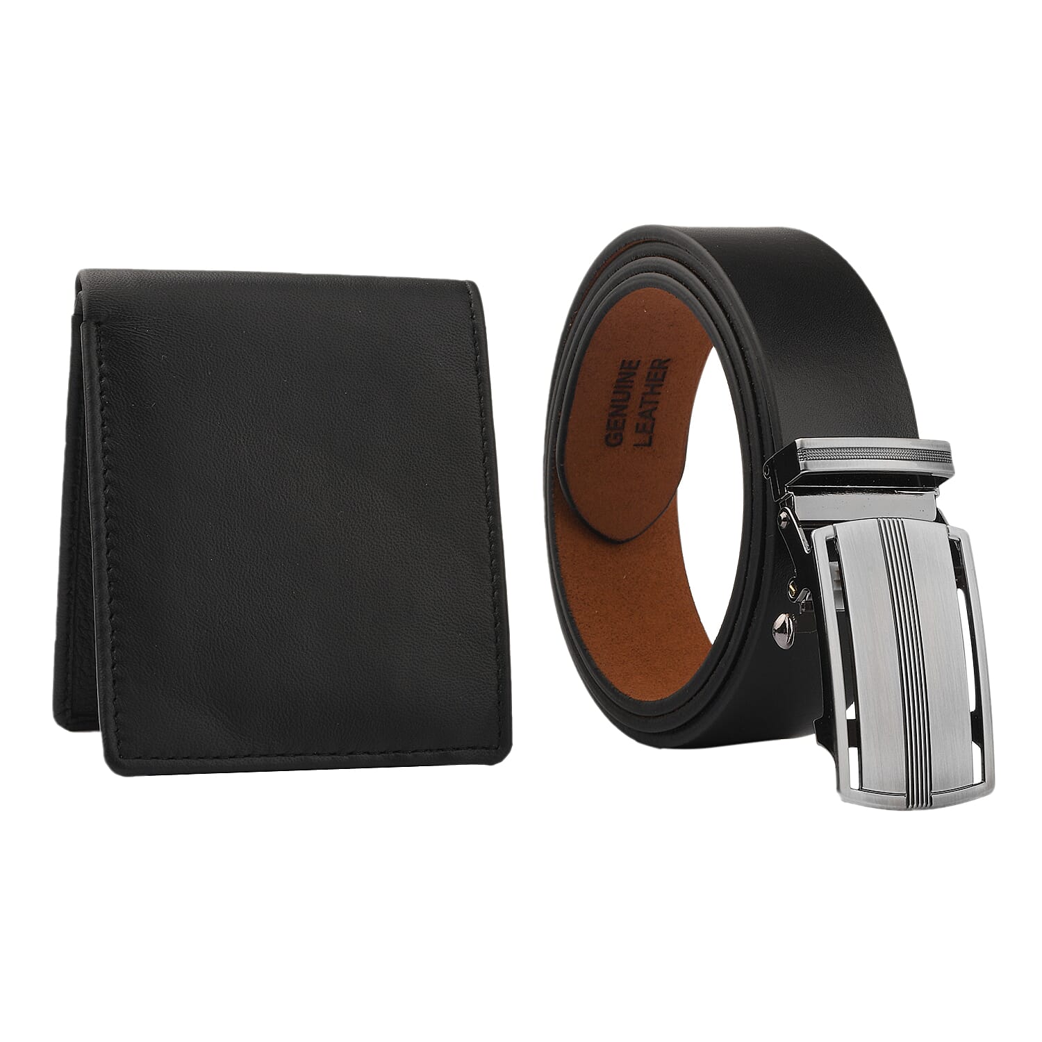 2 Piece Set - 100% Genuine Leather Belt and RFID Protected Wallet - Black