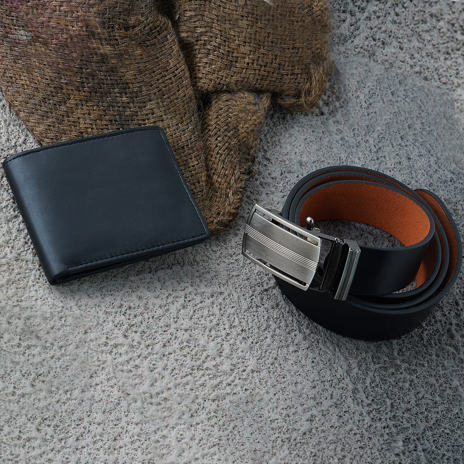 2 Piece Set - 100% Genuine Leather Belt and RFID Protected Wallet - Black