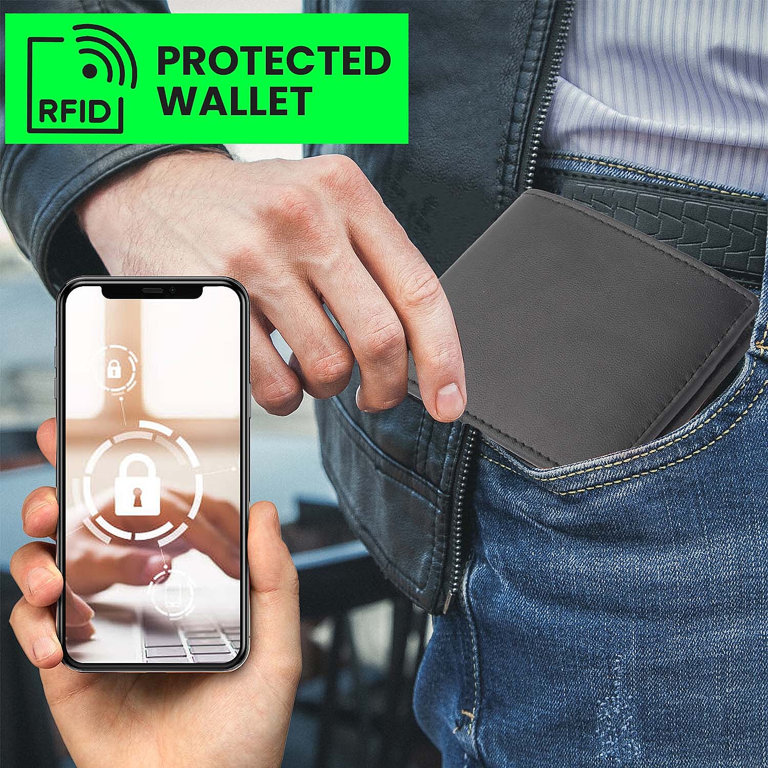 2 Piece Set - 100% Genuine Leather Belt and RFID Protected Wallet - Black