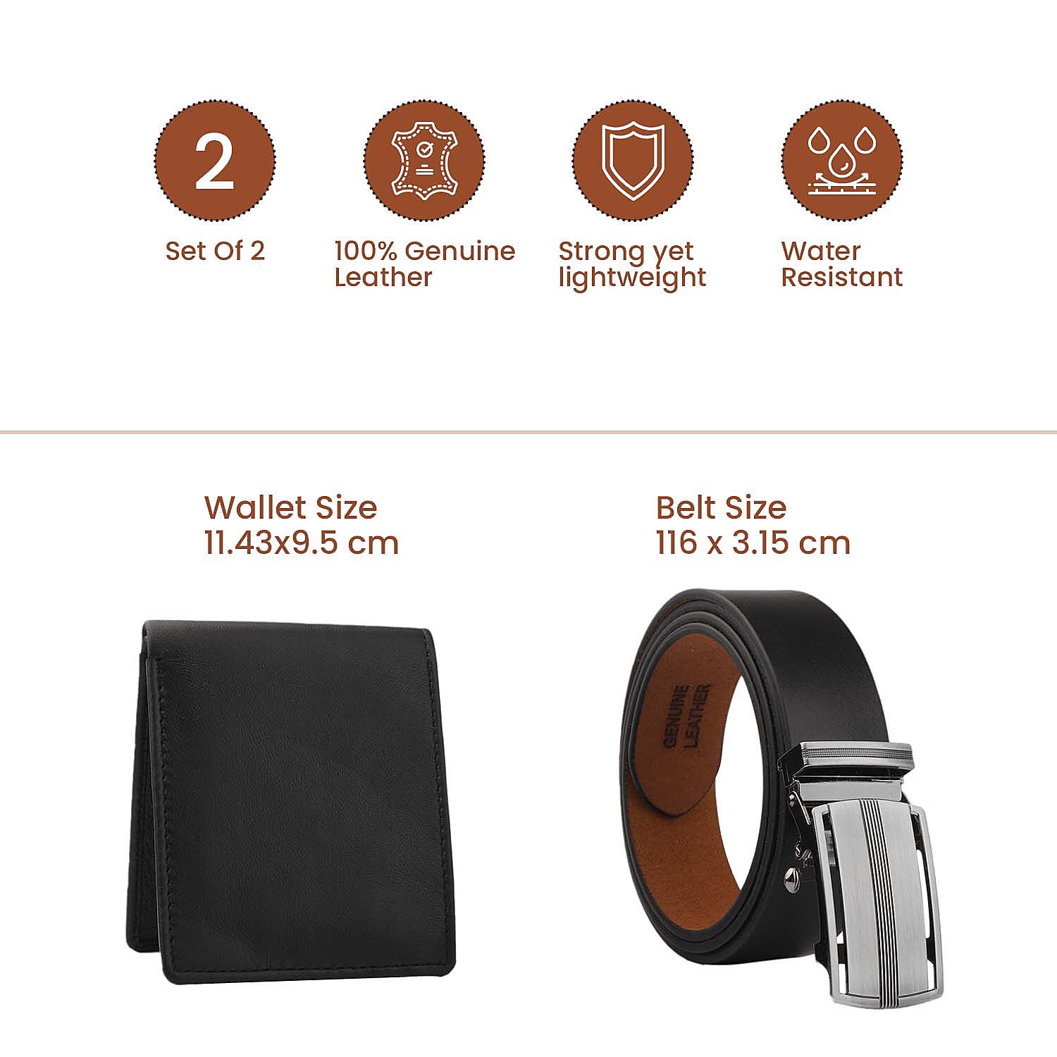 2 Piece Set - 100% Genuine Leather Belt and RFID Protected Wallet - Black