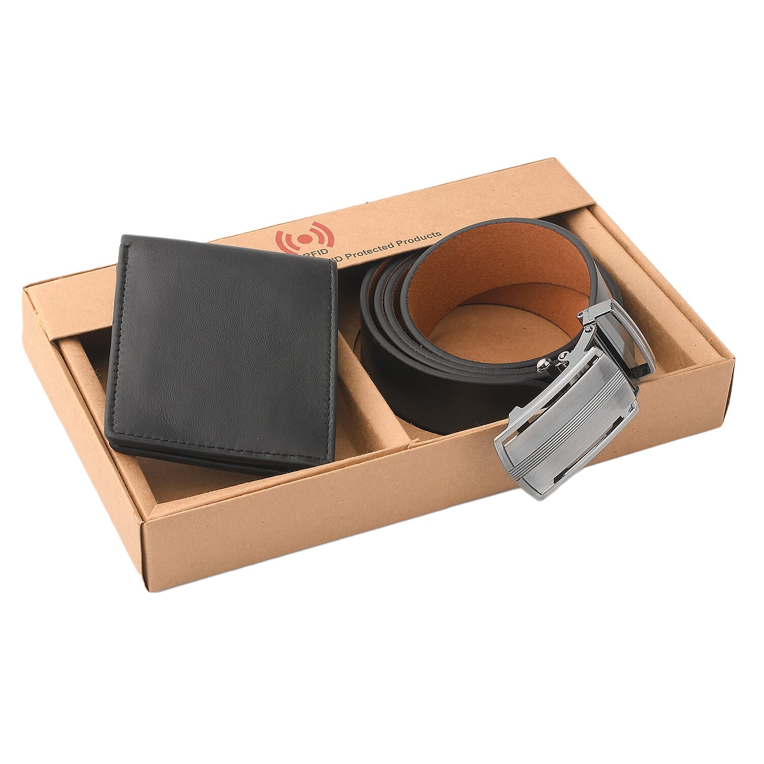2 Piece Set - 100% Genuine Leather Belt and RFID Protected Wallet - Black