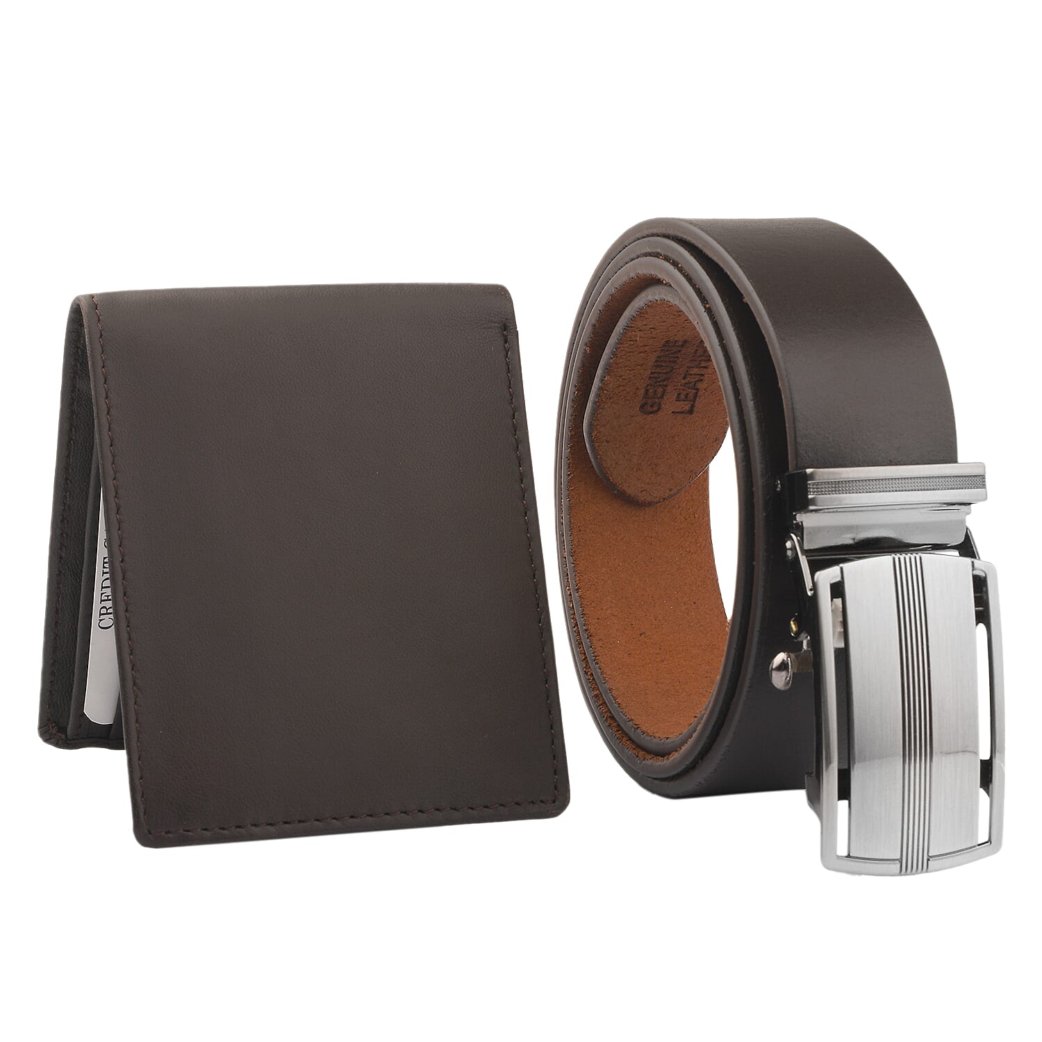 2 Piece Set - 100% Genuine Leather Belt (up to 44in) and RFID Protected Wallet - Brown