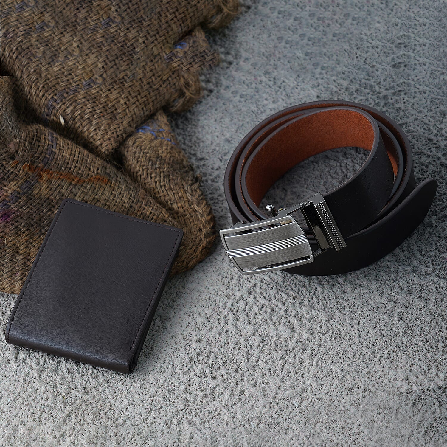 2 Piece Set - 100% Genuine Leather Belt (up to 44in) and RFID Protected Wallet - Brown