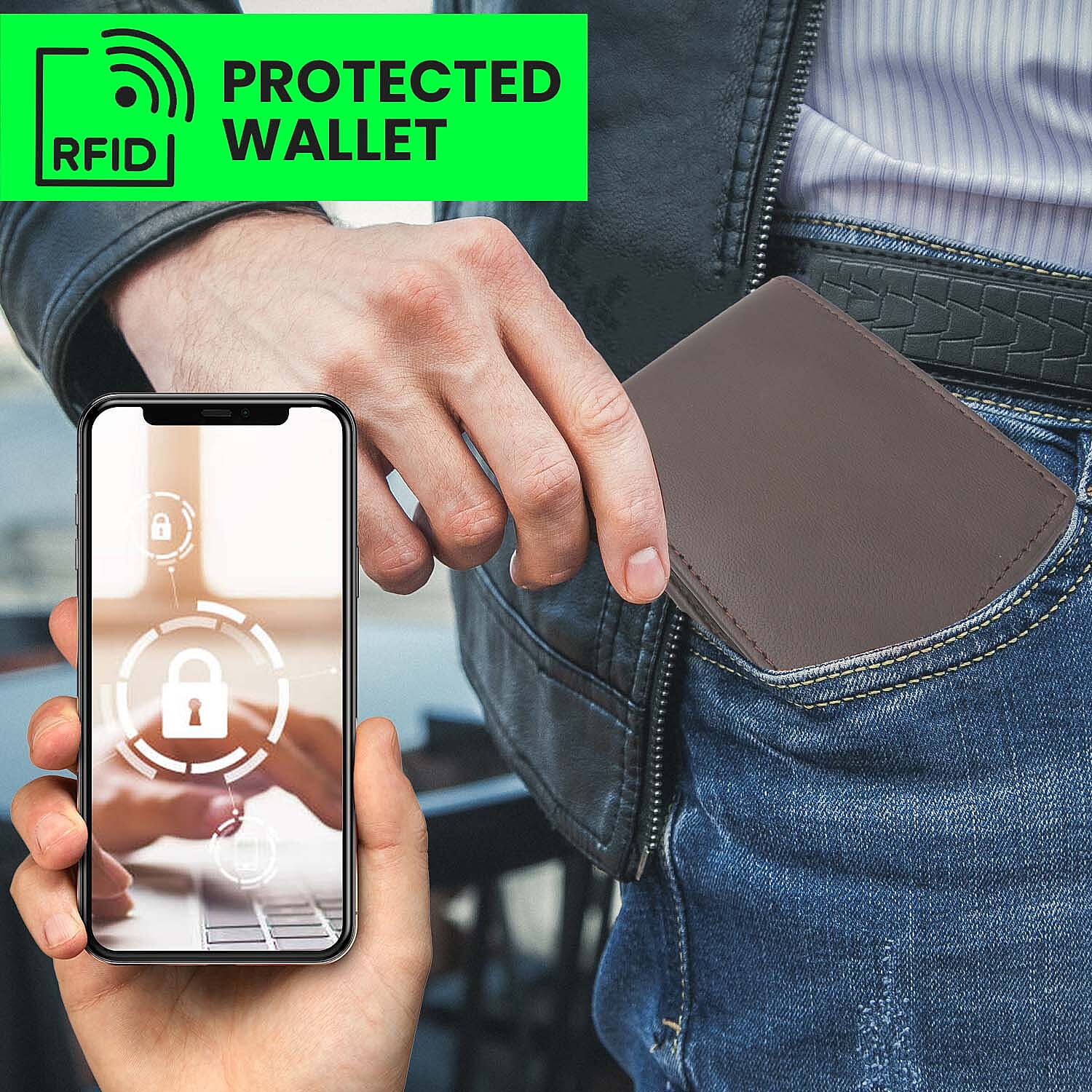 2 Piece Set - 100% Genuine Leather Belt (up to 44in) and RFID Protected Wallet - Brown