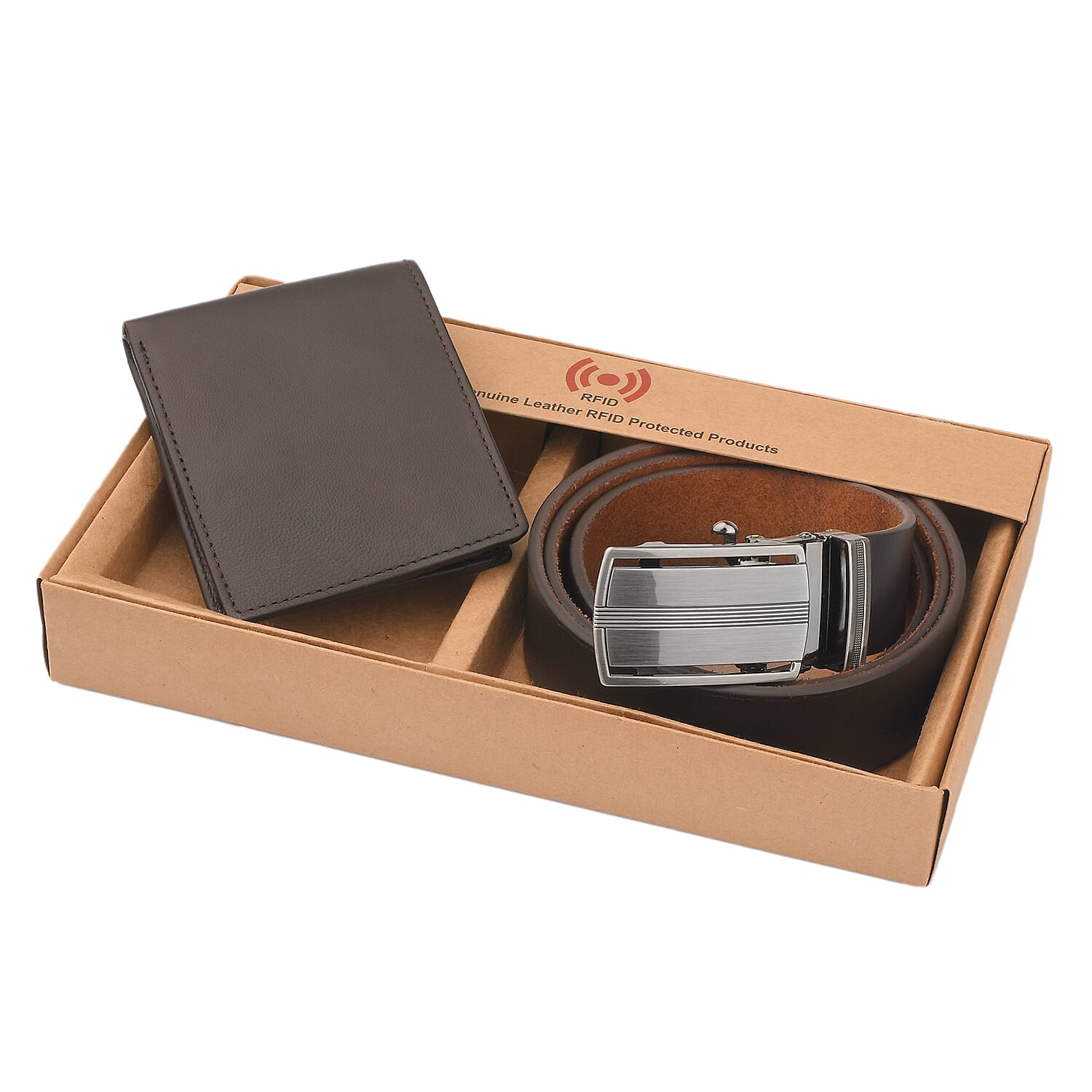 2 Piece Set - 100% Genuine Leather Belt (up to 44in) and RFID Protected Wallet - Brown