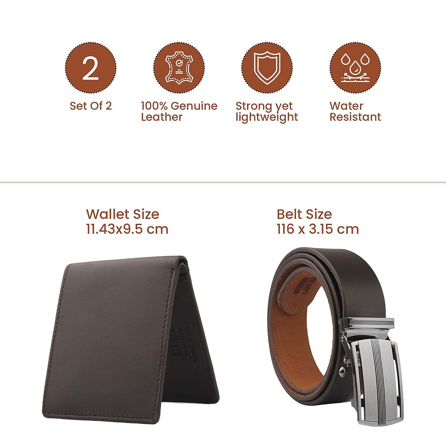 2 Piece Set - 100% Genuine Leather Belt (up to 44in) and RFID Protected Wallet - Brown