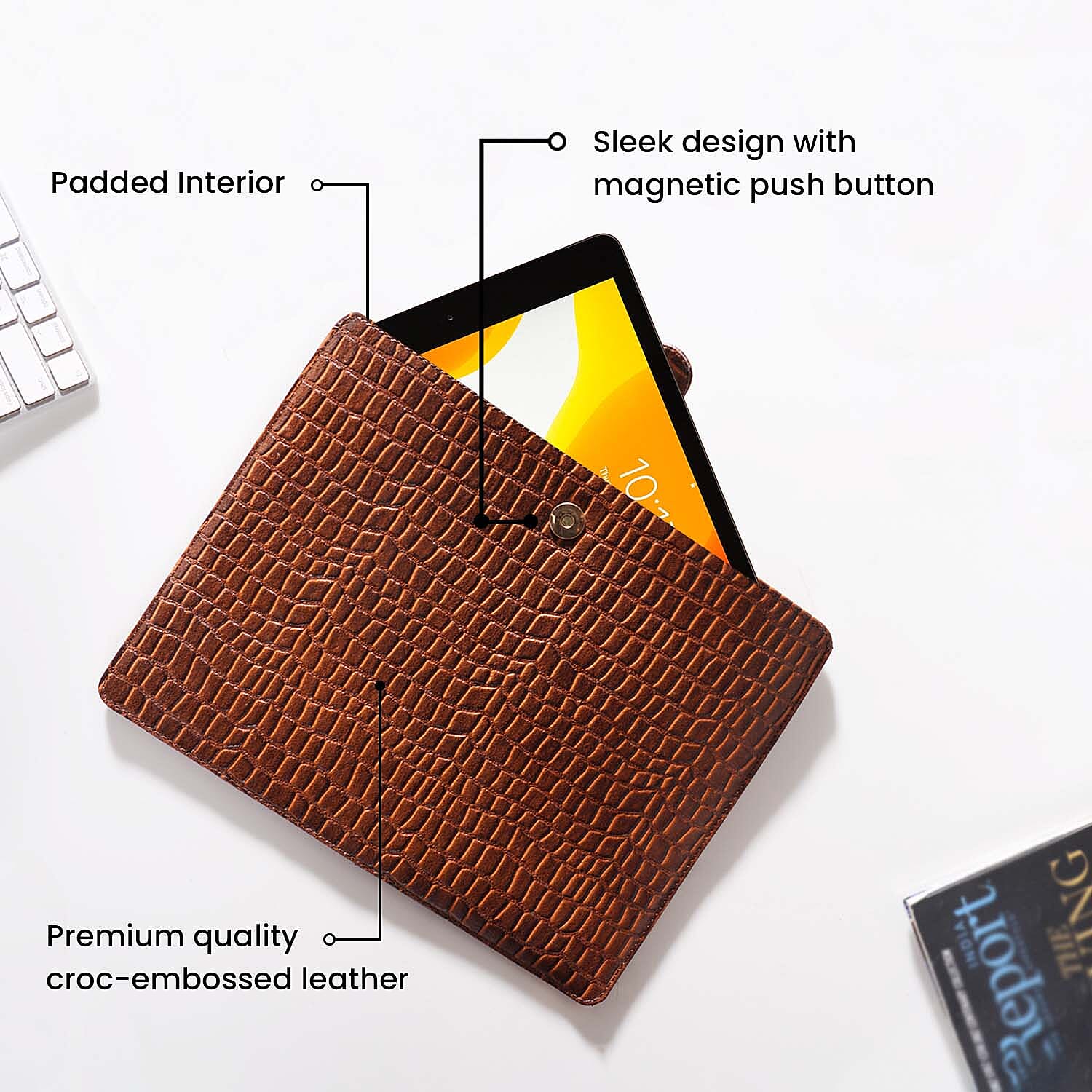 Genuine Leather Croc Embossed Pattern Ipad Sleeves with Magnetic Push Button - Black