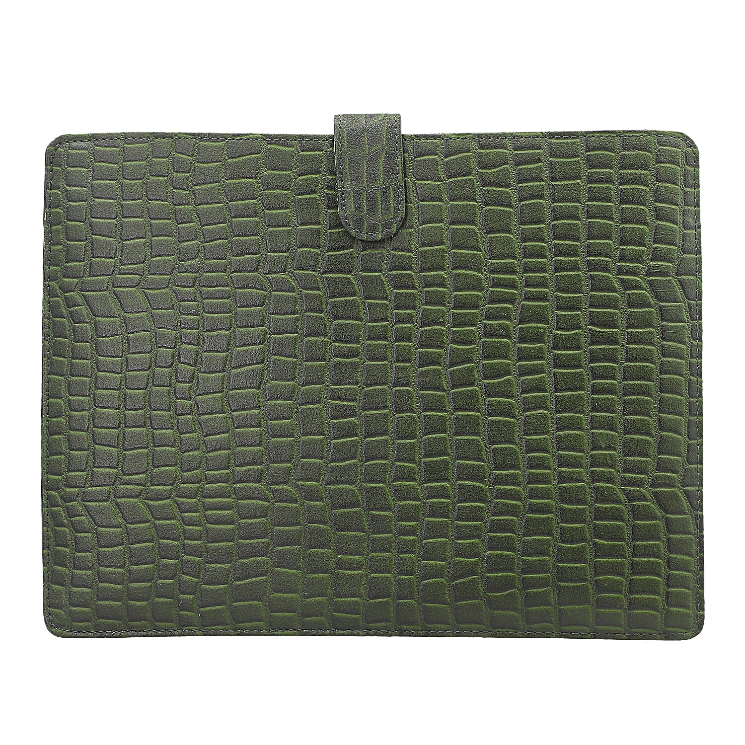 100% Genuine Leather Croc Embossed Pattern Tablet Sleeve with Magnetic Push Button (Size 31x24 Cm) - Dark Green