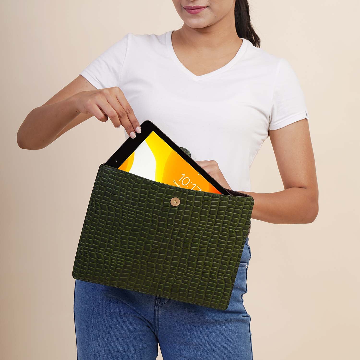 100% Genuine Leather Croc Embossed Pattern Tablet Sleeve with Magnetic Push Button (Size 31x24 Cm) - Dark Green