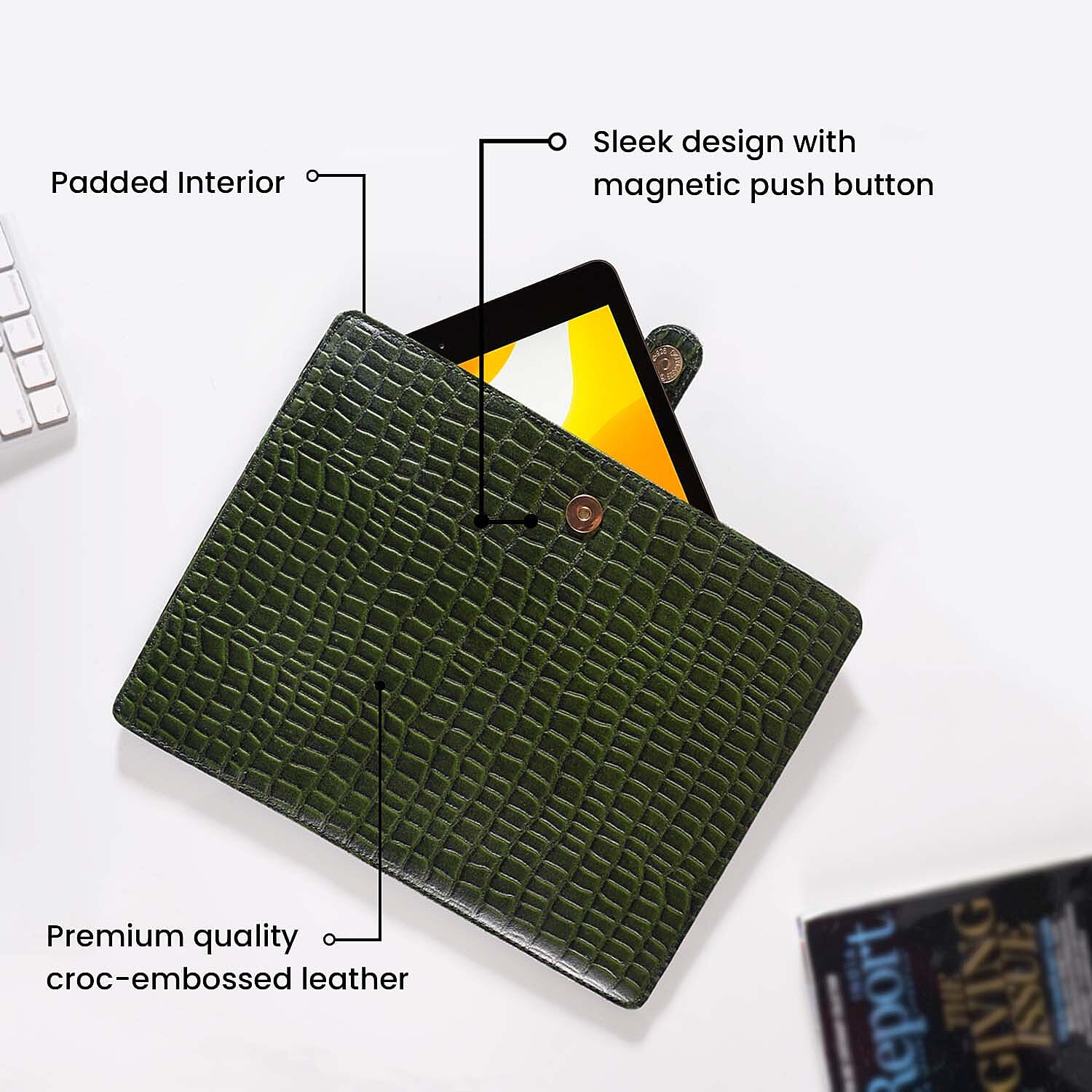 100% Genuine Leather Croc Embossed Pattern Tablet Sleeve with Magnetic Push Button (Size 31x24 Cm) - Dark Green