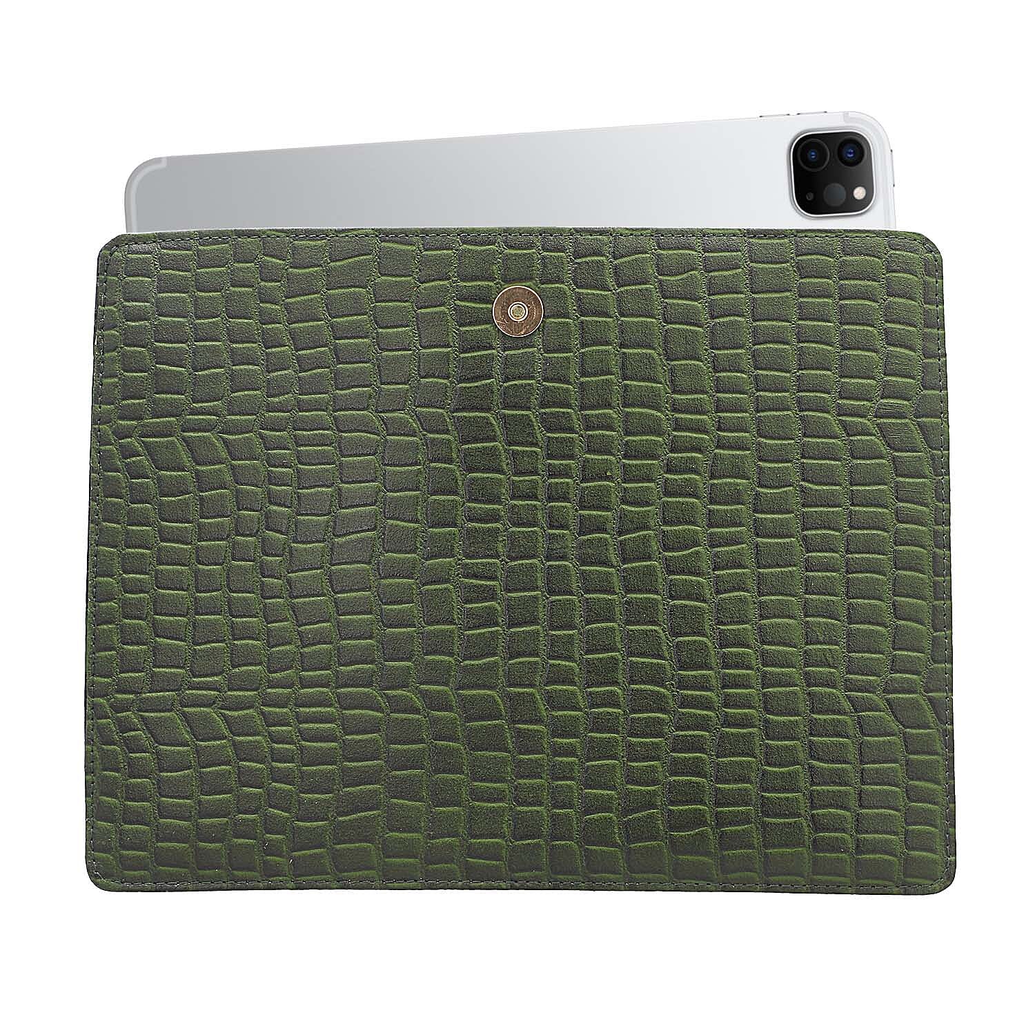 100% Genuine Leather Croc Embossed Pattern Tablet Sleeve with Magnetic Push Button (Size 31x24 Cm) - Dark Green