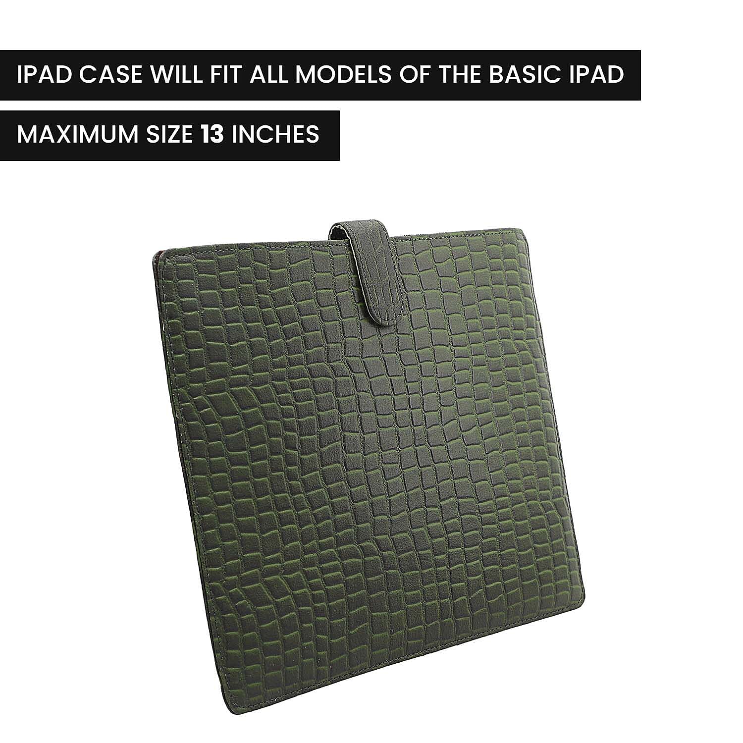 100% Genuine Leather Croc Embossed Pattern Tablet Sleeve with Magnetic Push Button (Size 31x24 Cm) - Dark Green