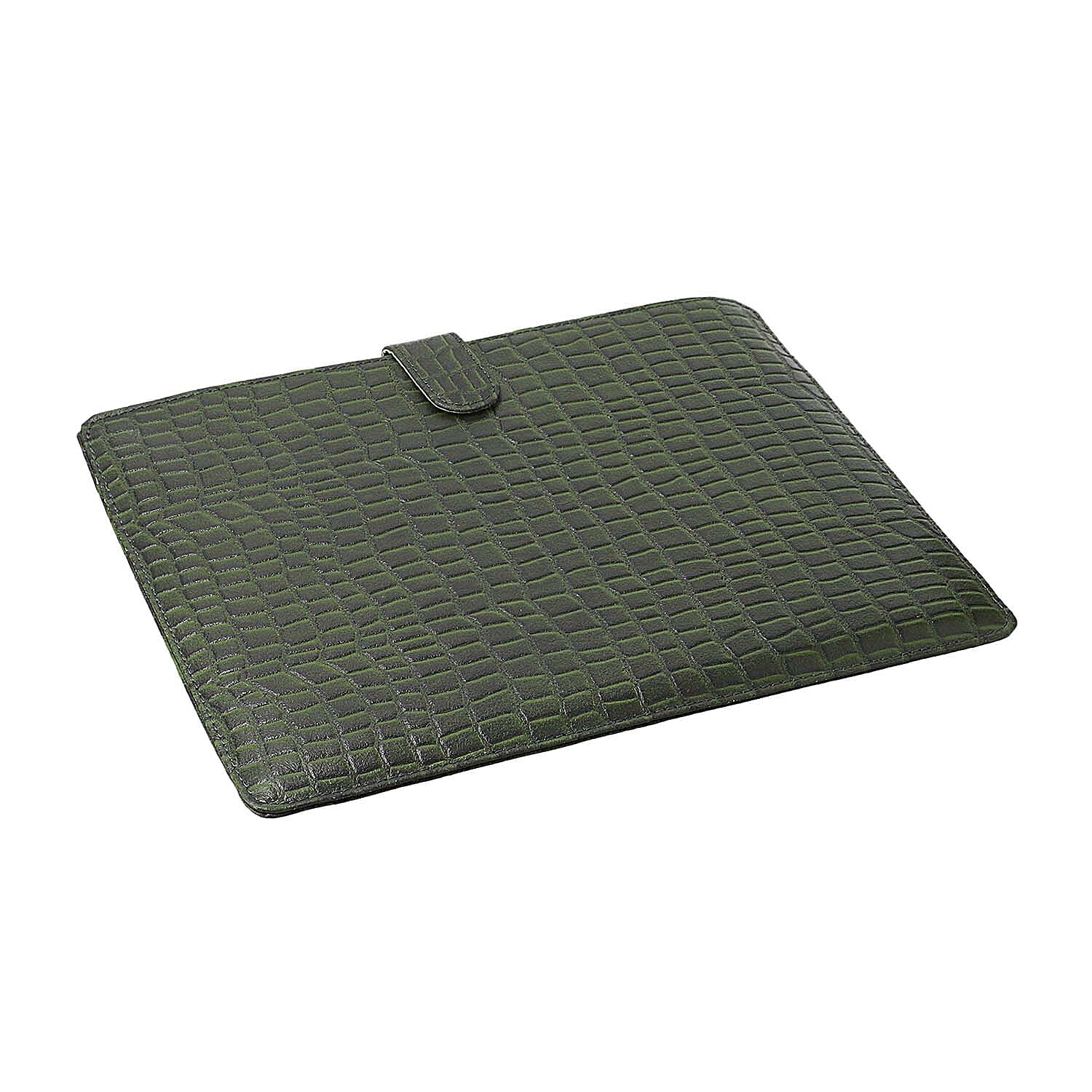 100% Genuine Leather Croc Embossed Pattern Tablet Sleeve with Magnetic Push Button (Size 31x24 Cm) - Dark Green