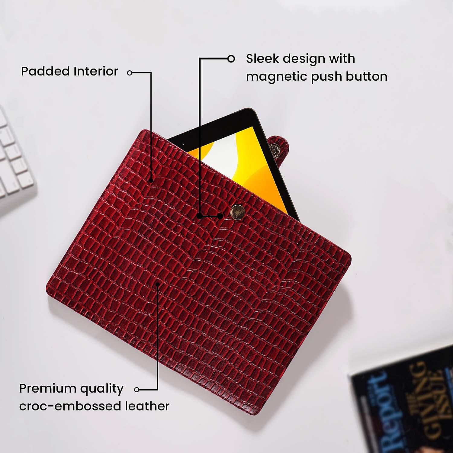 100% Genuine Leather Croc Embossed Pattern Tablet Sleeve with Magnetic Push Button (Size 31x24 Cm) - Red