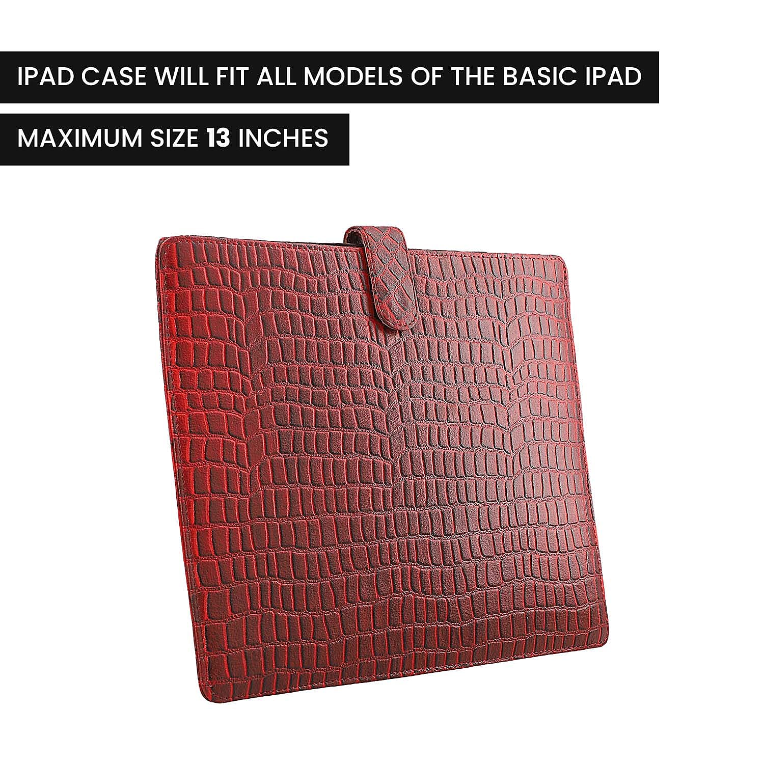 100% Genuine Leather Croc Embossed Pattern Tablet Sleeve with Magnetic Push Button (Size 31x24 Cm) - Red