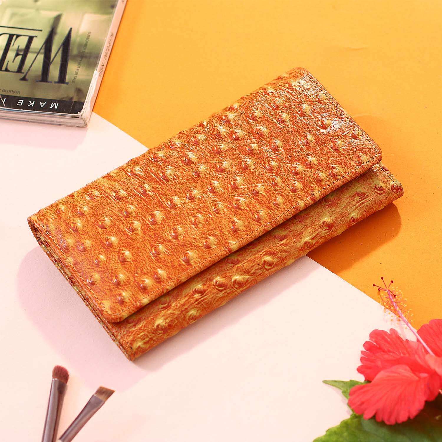 100% Genuine Leather Ostrich Embossed Pattern RFID Wallet - Tan