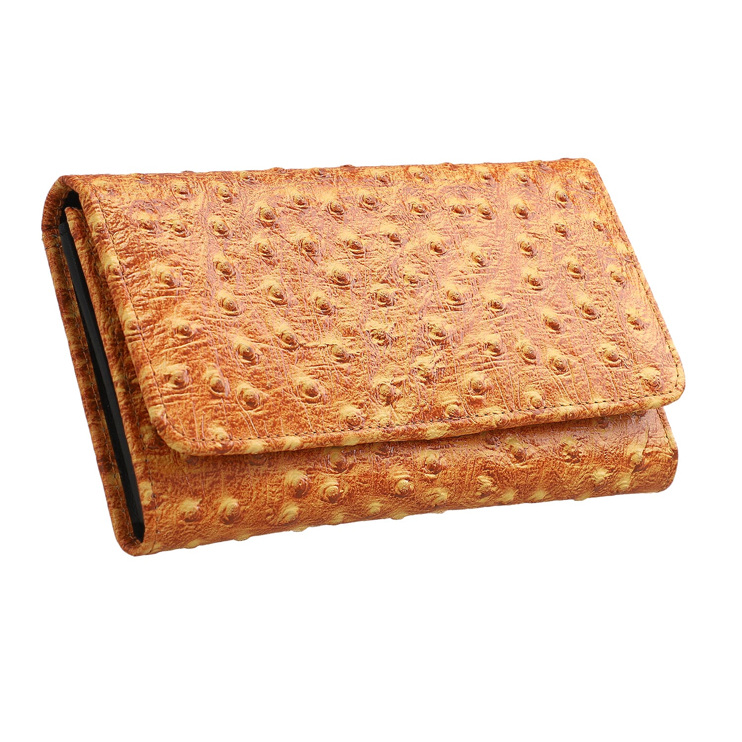 100% Genuine Leather Ostrich Embossed Pattern RFID Wallet - Tan