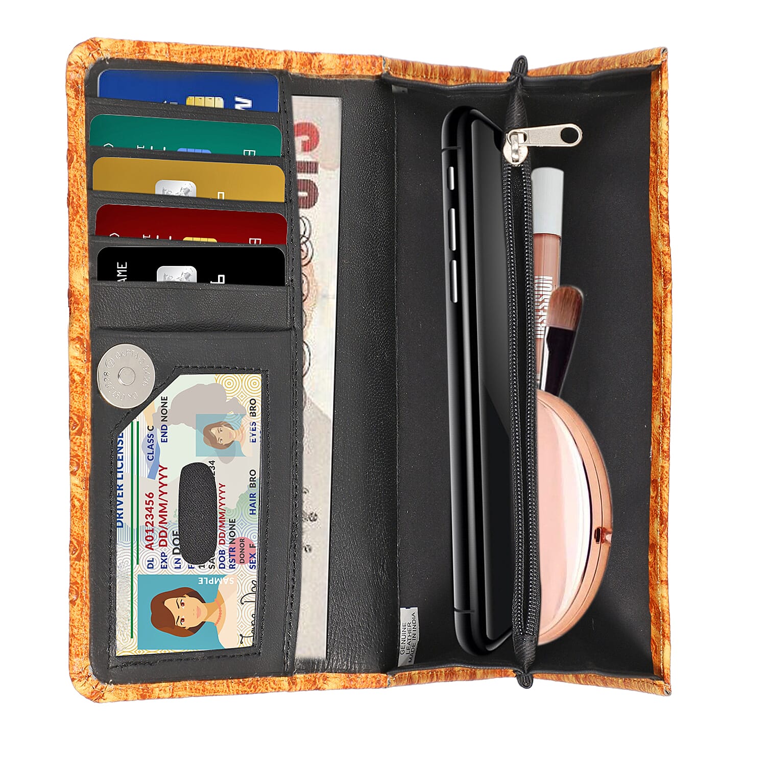 100% Genuine Leather Ostrich Embossed Pattern RFID Wallet - Tan