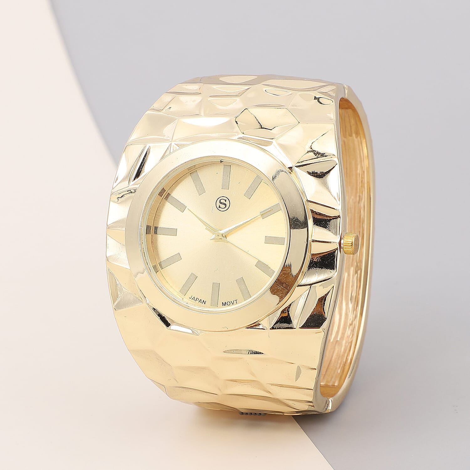 STRADA Japanese Movement Golden Dial Water Resistant Bangle Watch (Size 6.75) in Yellow Gold Tone